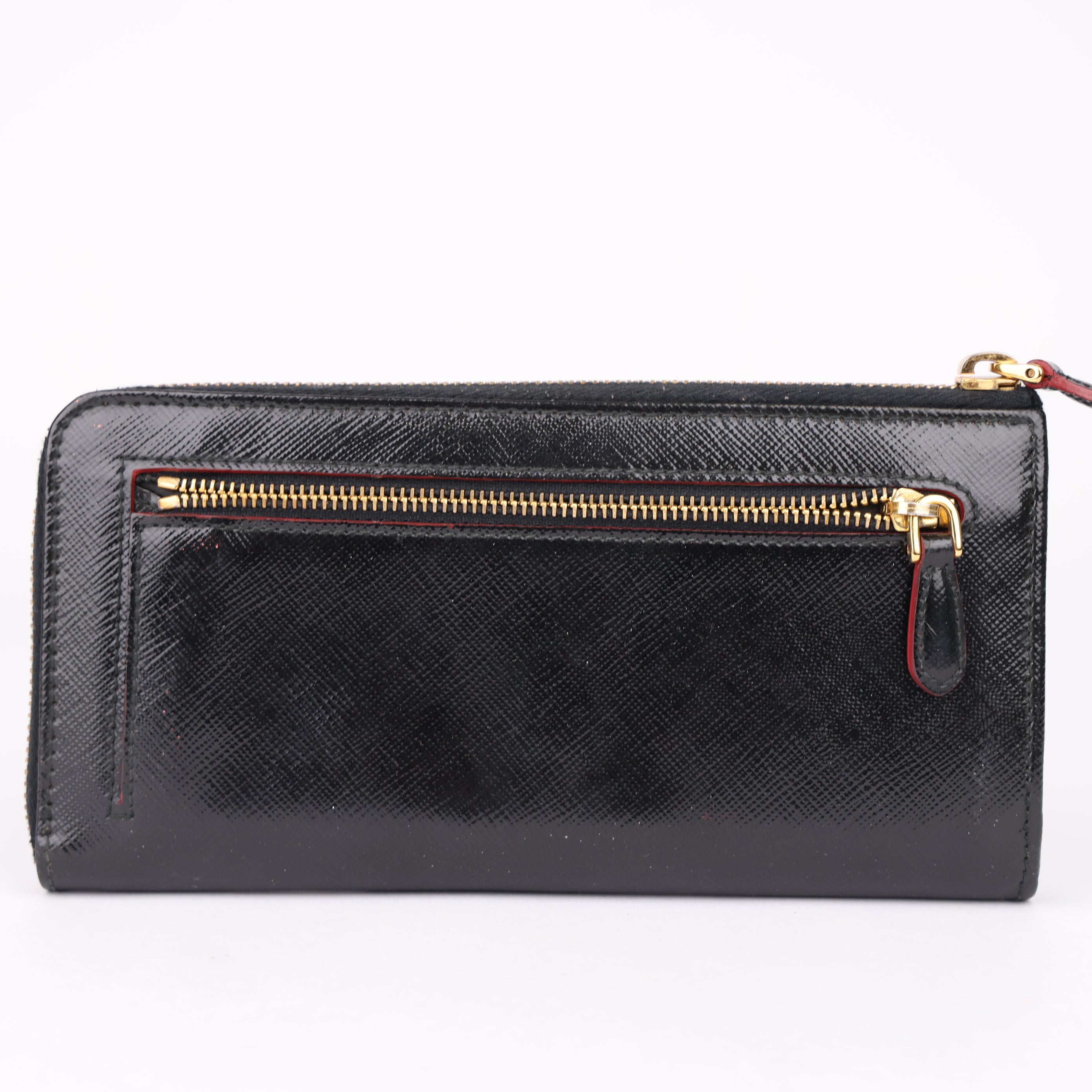 J1919 Prada Black Saffiano Leather Zip Around Wallet- Pre Owned