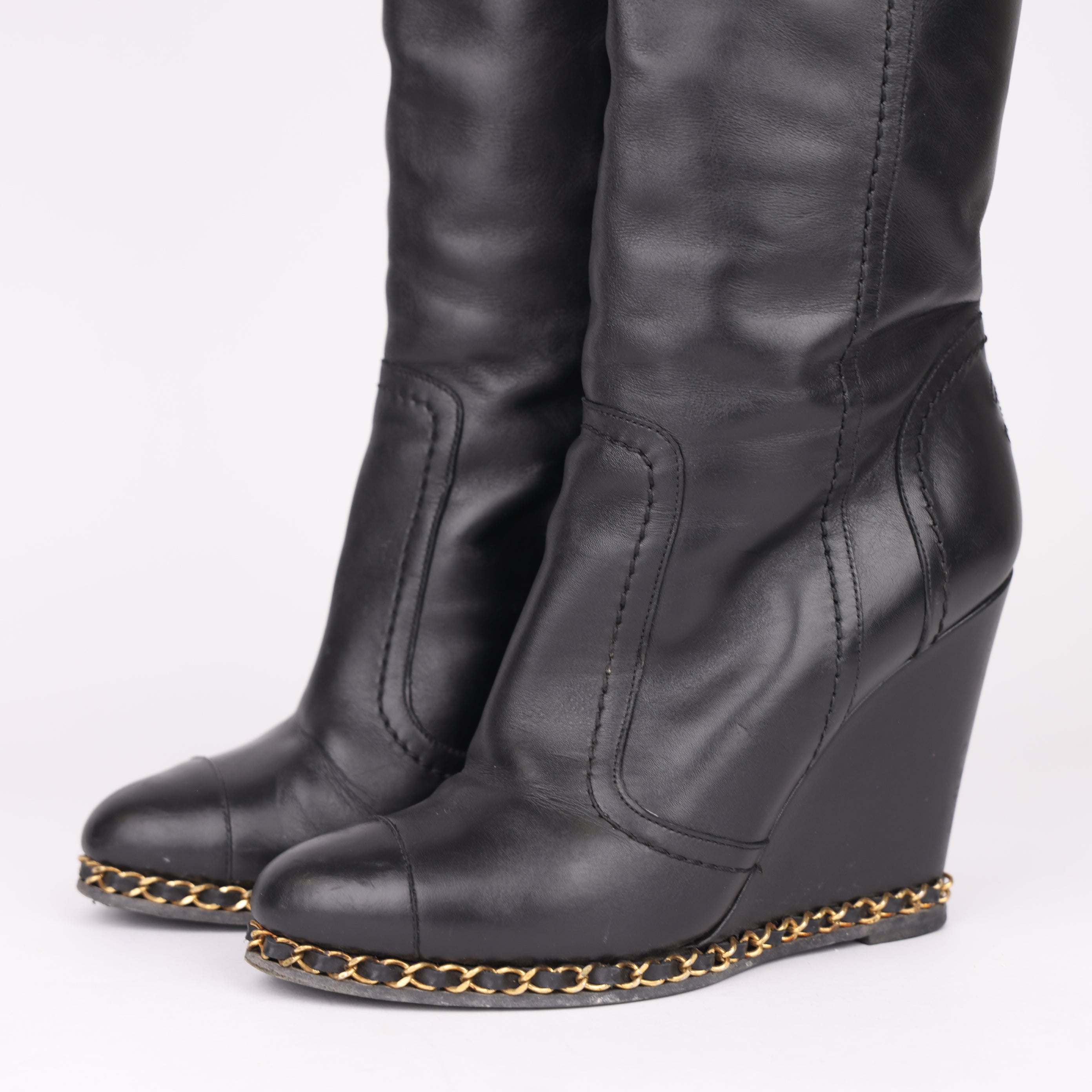 J0509 Chanel CHAIN KNEE HIGH WEDGED BOOTS EU37- Pre Owned