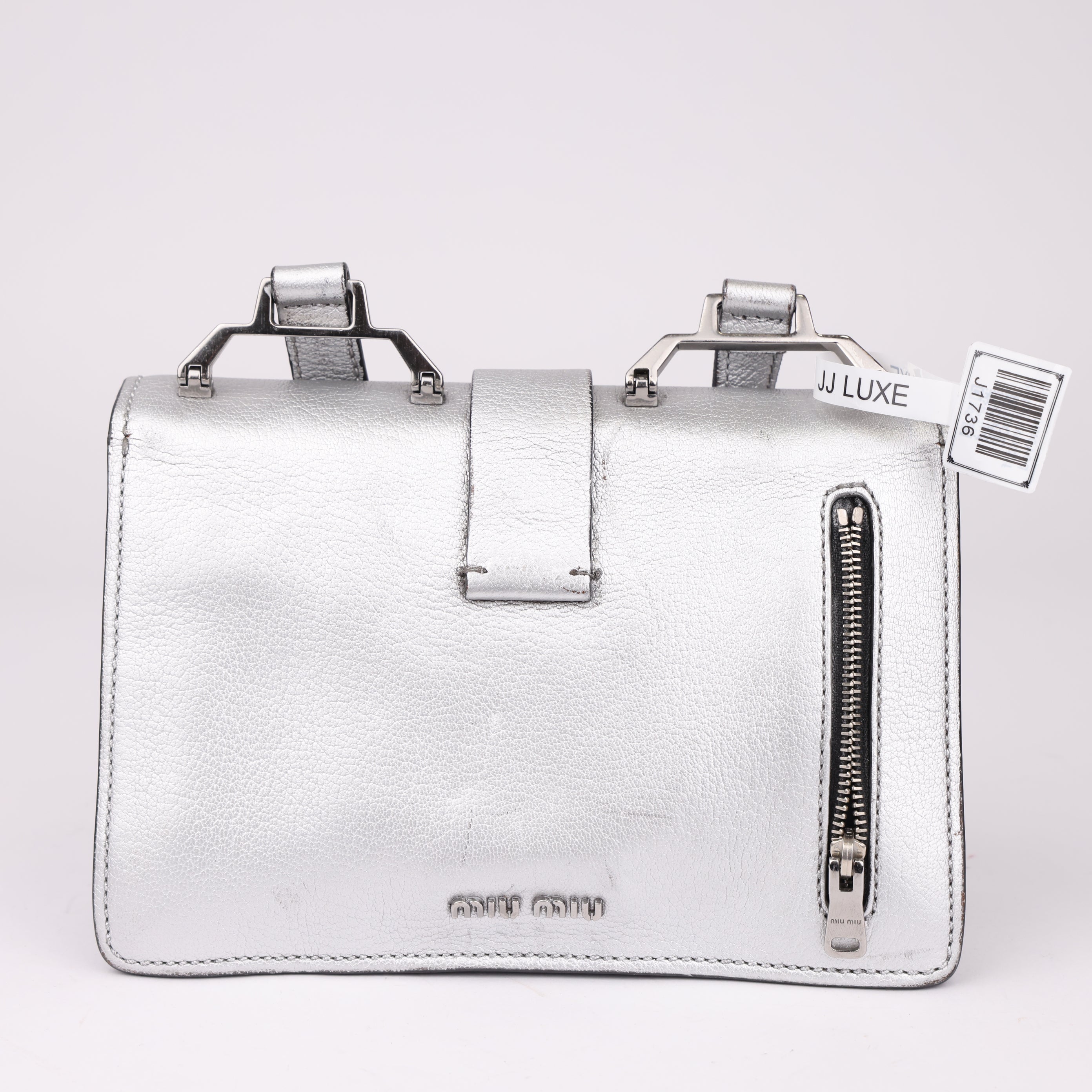 J1736 Miu Miu Silver Leather Madras Shoulder Bag- Pre Owned