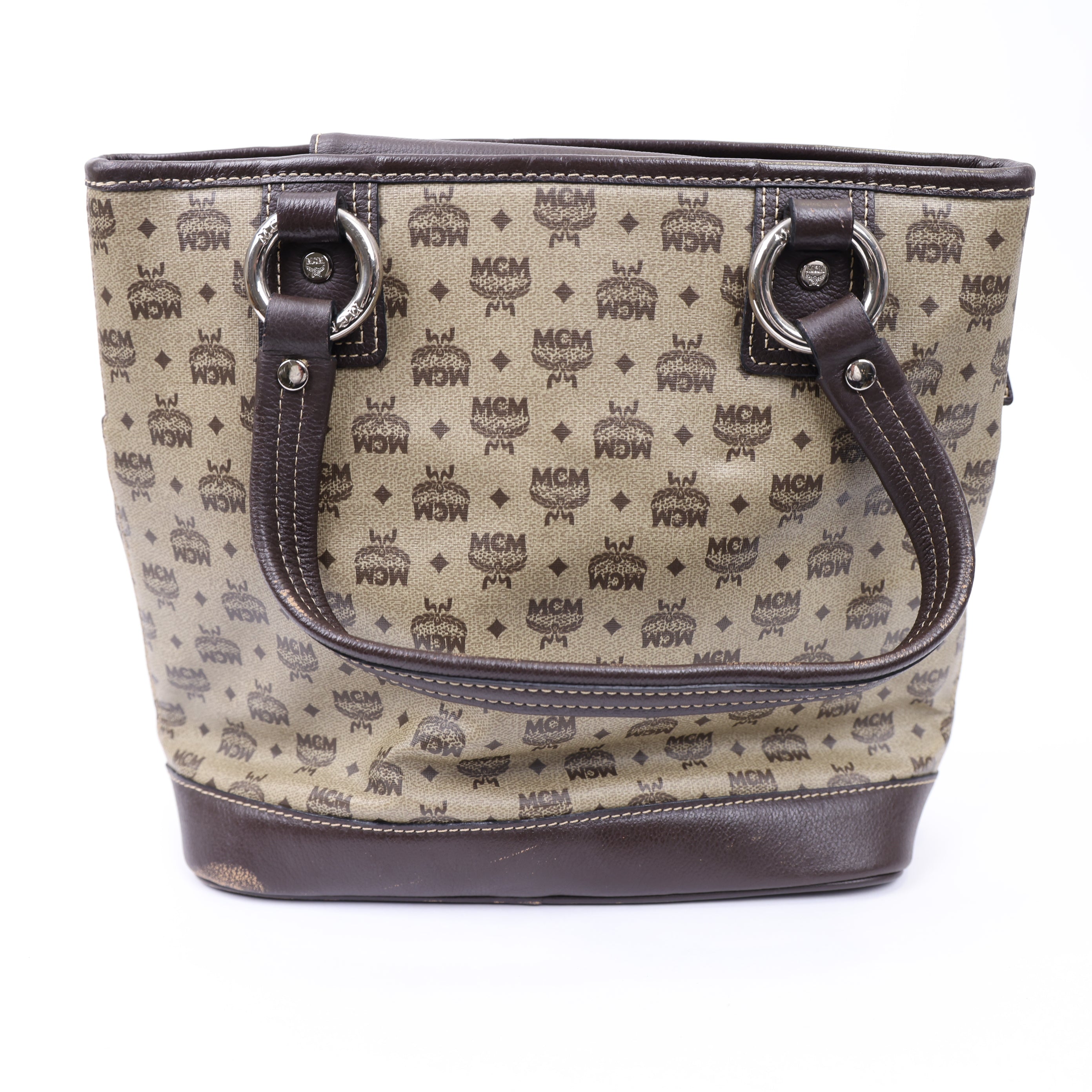J1724 MCM Tan and Black Monogram Tote Bag- Pre Owned