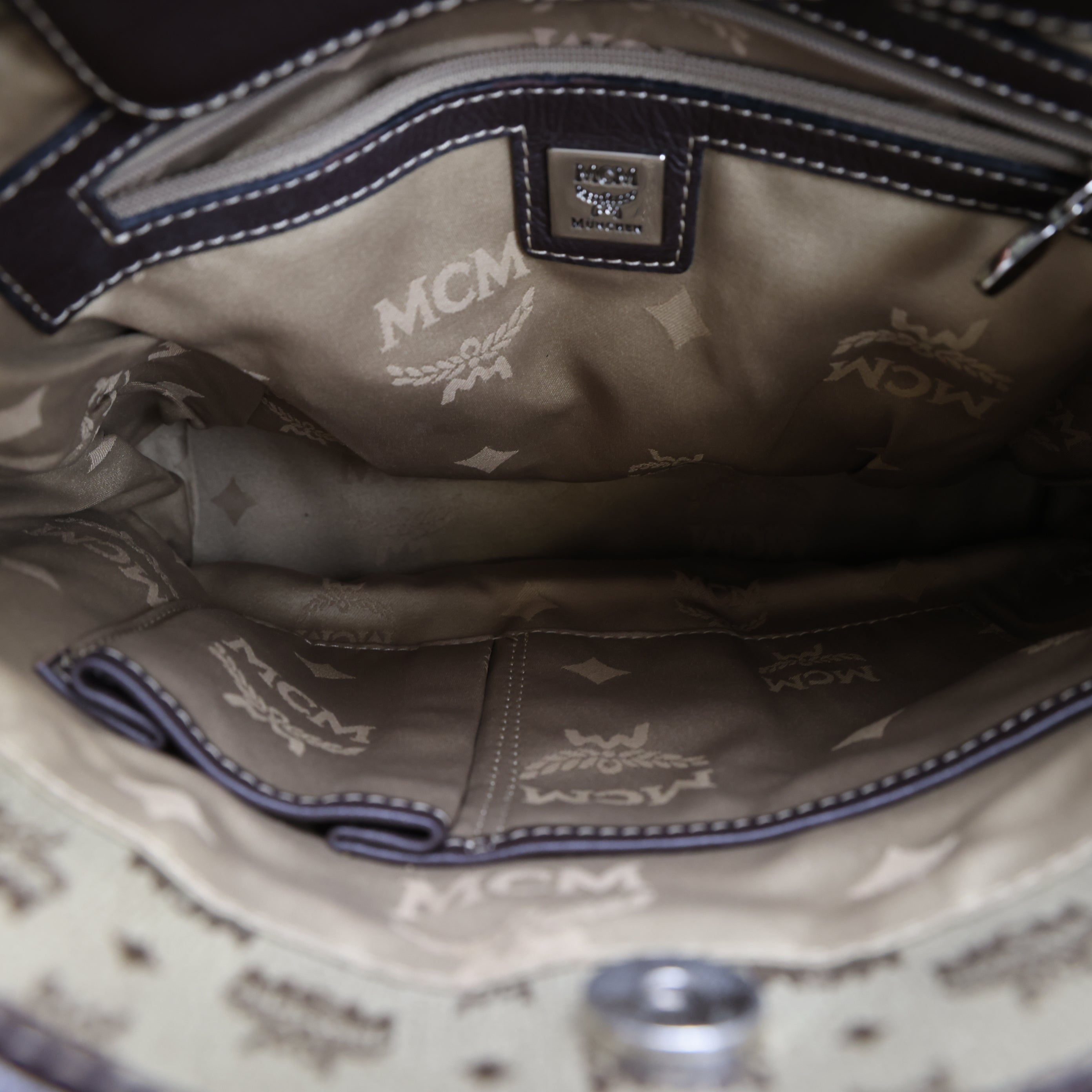 J1724 MCM Tan and Black Monogram Tote Bag- Pre Owned