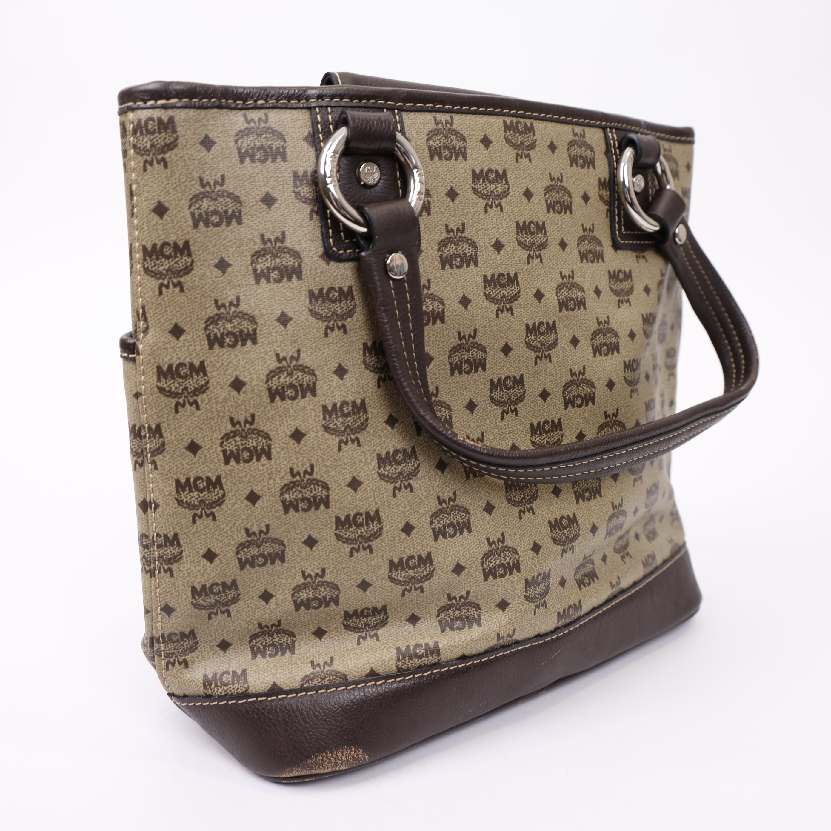 J1724 MCM Tan and Black Monogram Tote Bag- Pre Owned