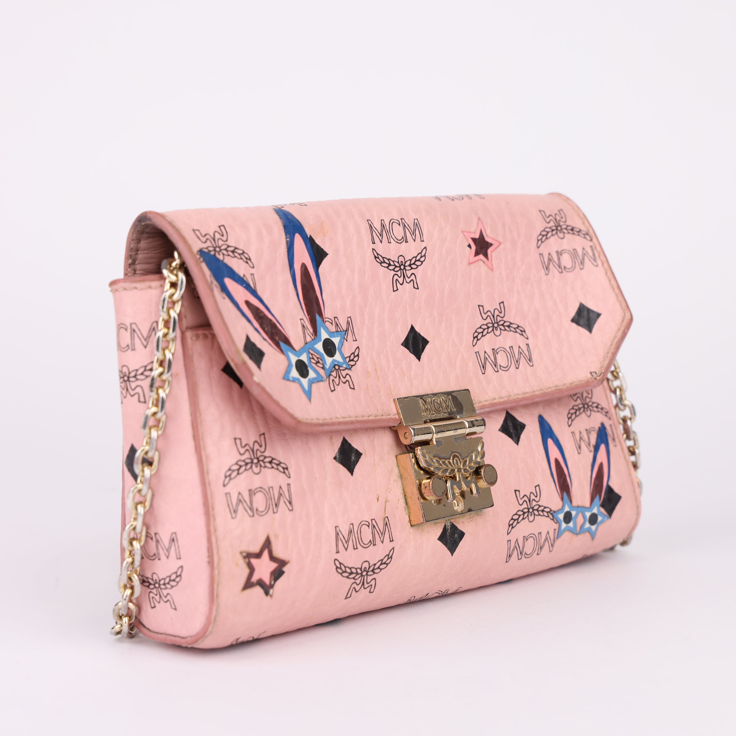 J1710 MCM Pink PVC Millie Rabbit Ear Flap-Opening Shoulder Bag- Pre Owned