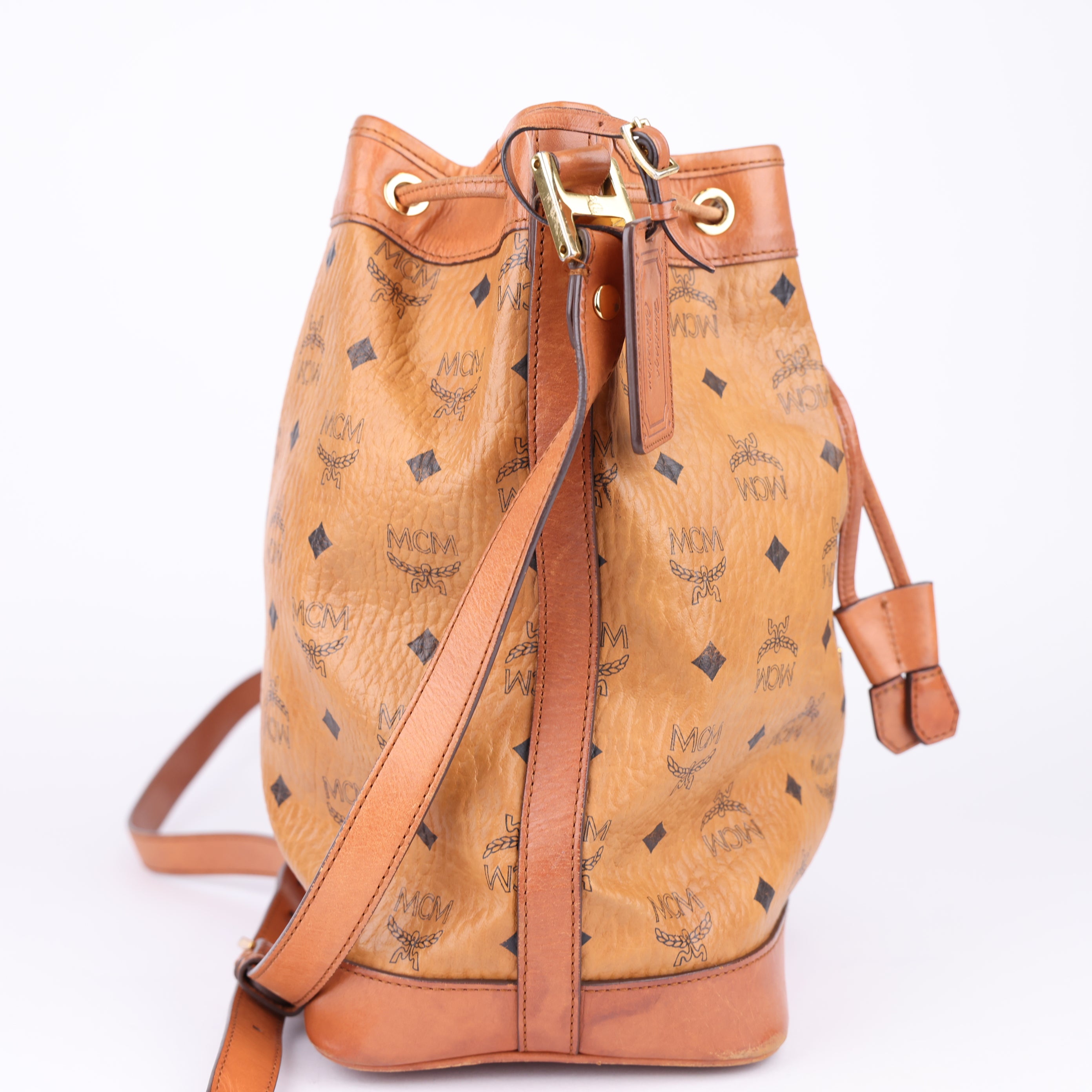 J1702 MCM Cognac Visetos Coated Canvas Bucket Bag- Pre Owned