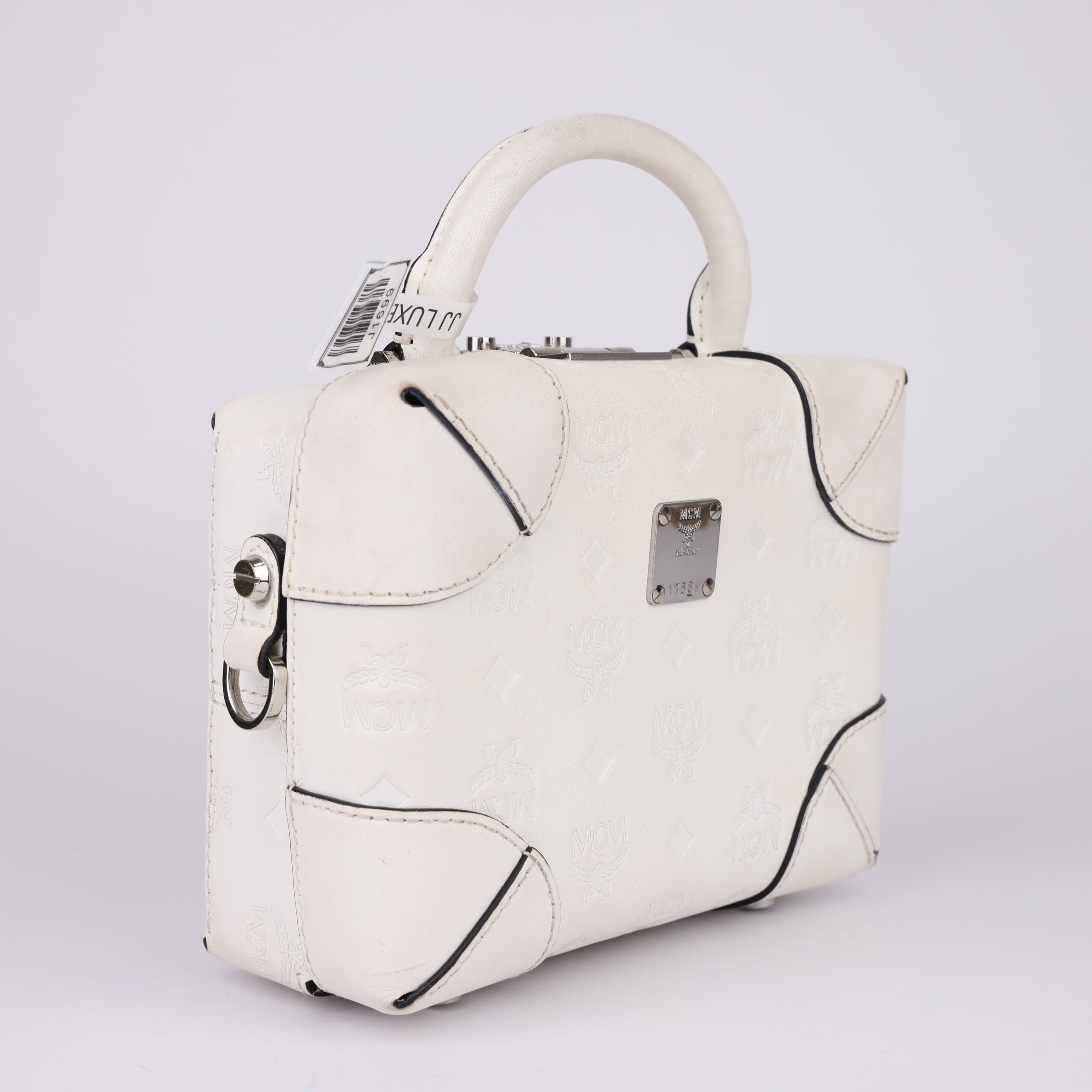 J1699 MCM Soft Berlin Crossbody Bag In Monogram Leather In White- Pre Owned
