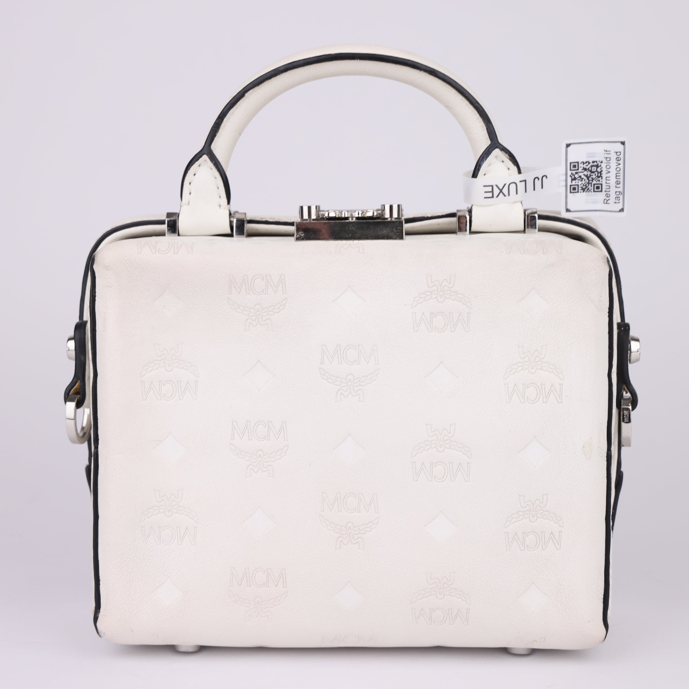 J1699 MCM Soft Berlin Crossbody Bag In Monogram Leather In White- Pre Owned