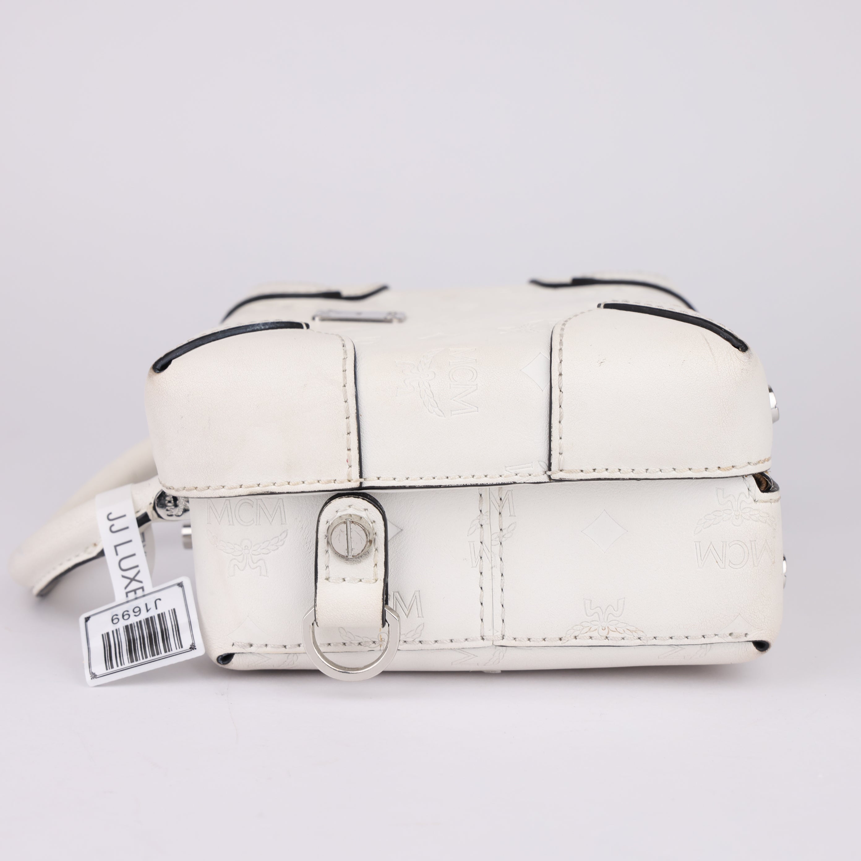 J1699 MCM Soft Berlin Crossbody Bag In Monogram Leather In White- Pre Owned