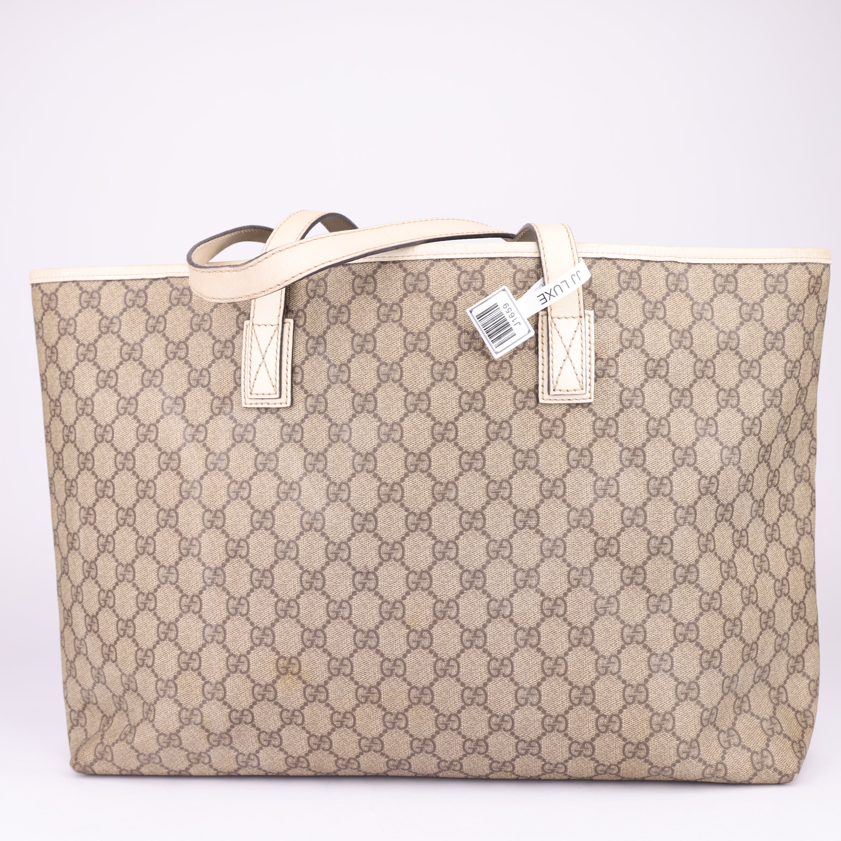 J1659 Gucci White GG Supreme Tote Bag Beige Cloth- Pre Owned