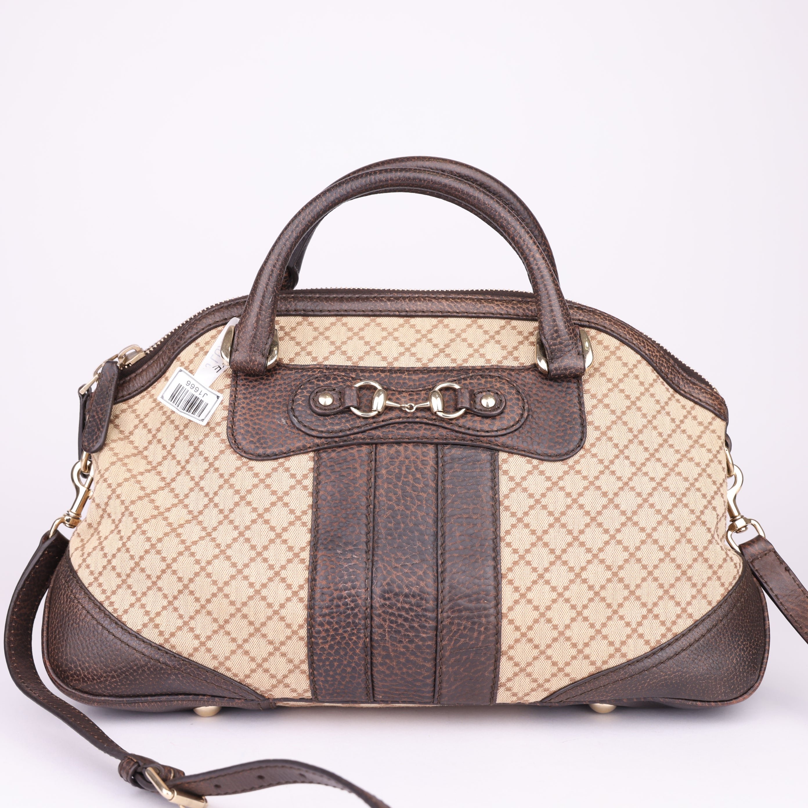 J1666 Gucci Brown Diamante Horsebit Catherine Satchel Black Beige- Pre Owned