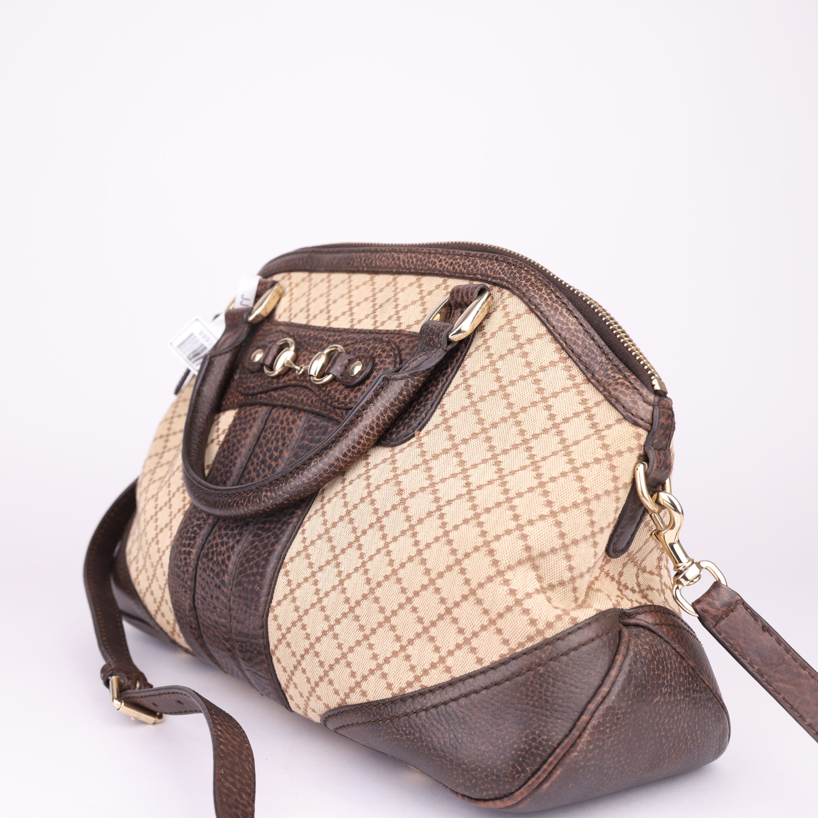 J1666 Gucci Brown Diamante Horsebit Catherine Satchel Black Beige- Pre Owned