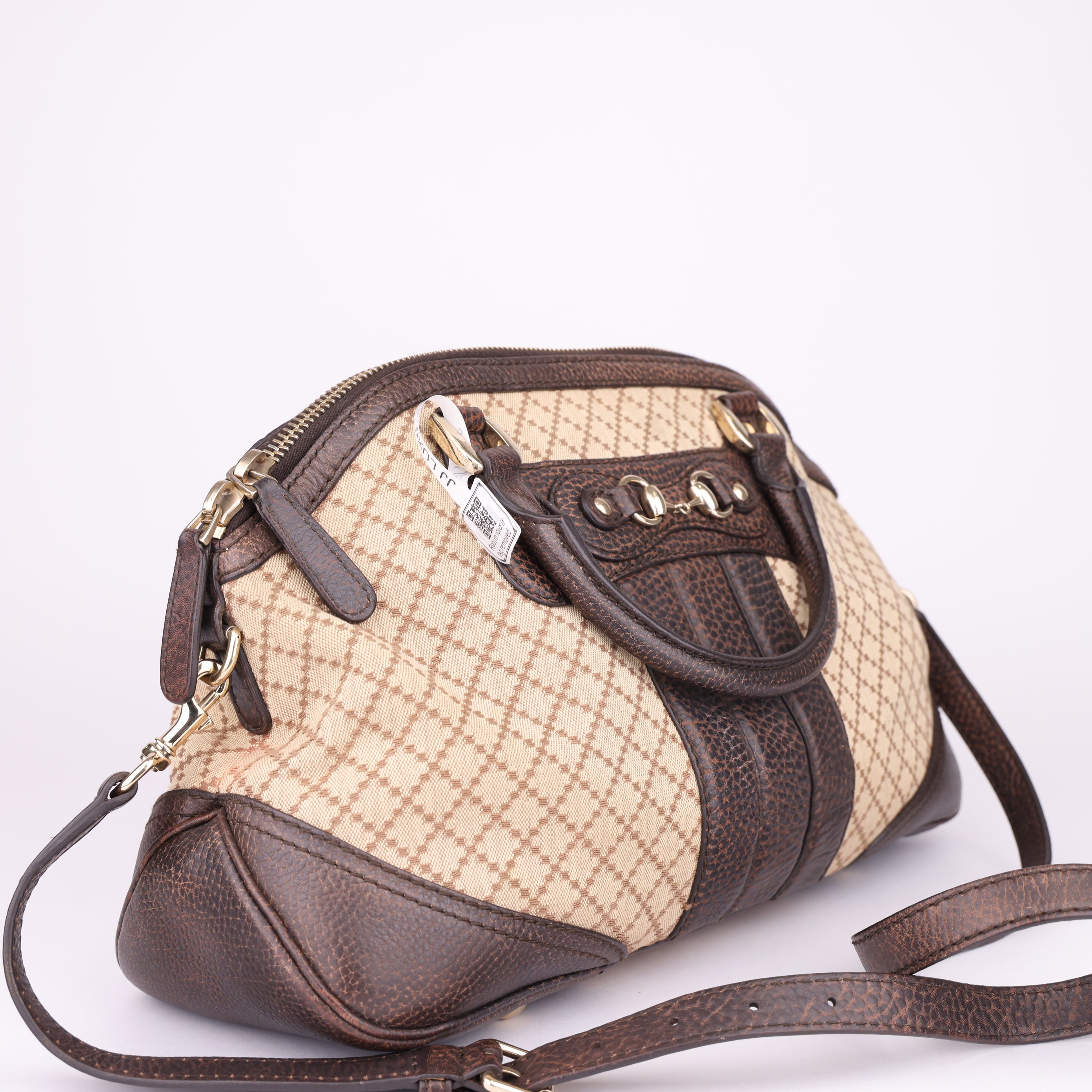 J1666 Gucci Brown Diamante Horsebit Catherine Satchel Black Beige- Pre Owned