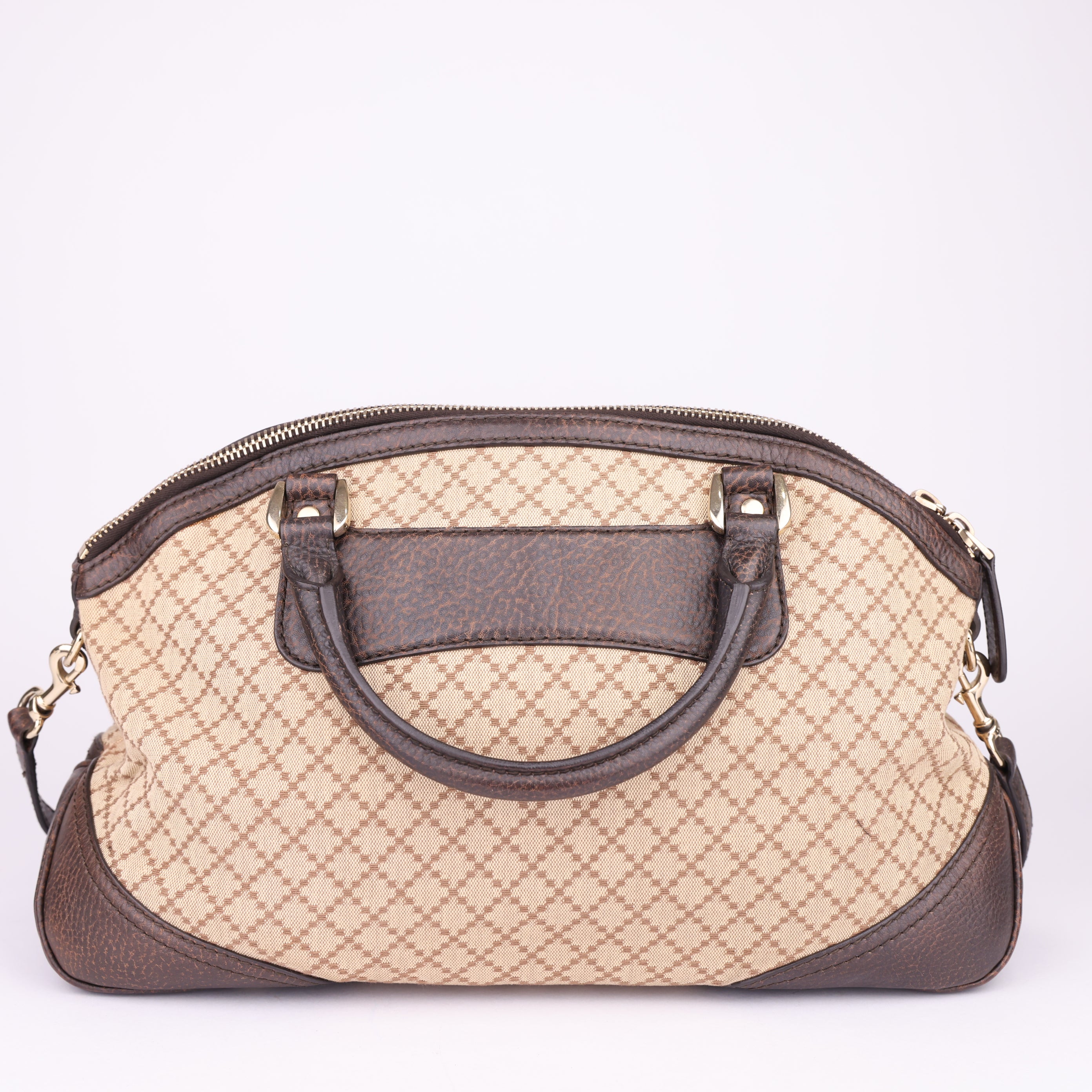 J1666 Gucci Brown Diamante Horsebit Catherine Satchel Black Beige- Pre Owned
