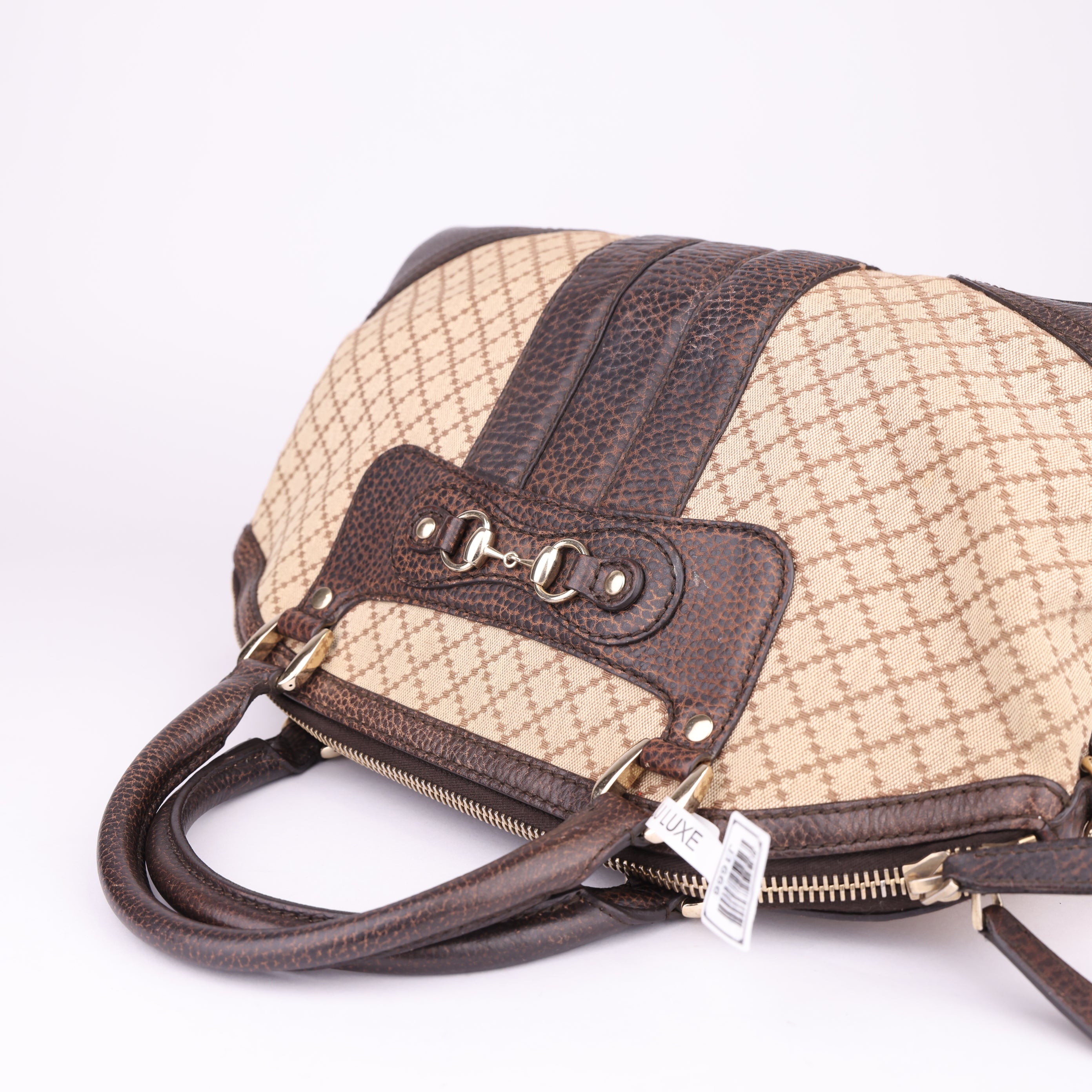 J1666 Gucci Brown Diamante Horsebit Catherine Satchel Black Beige- Pre Owned