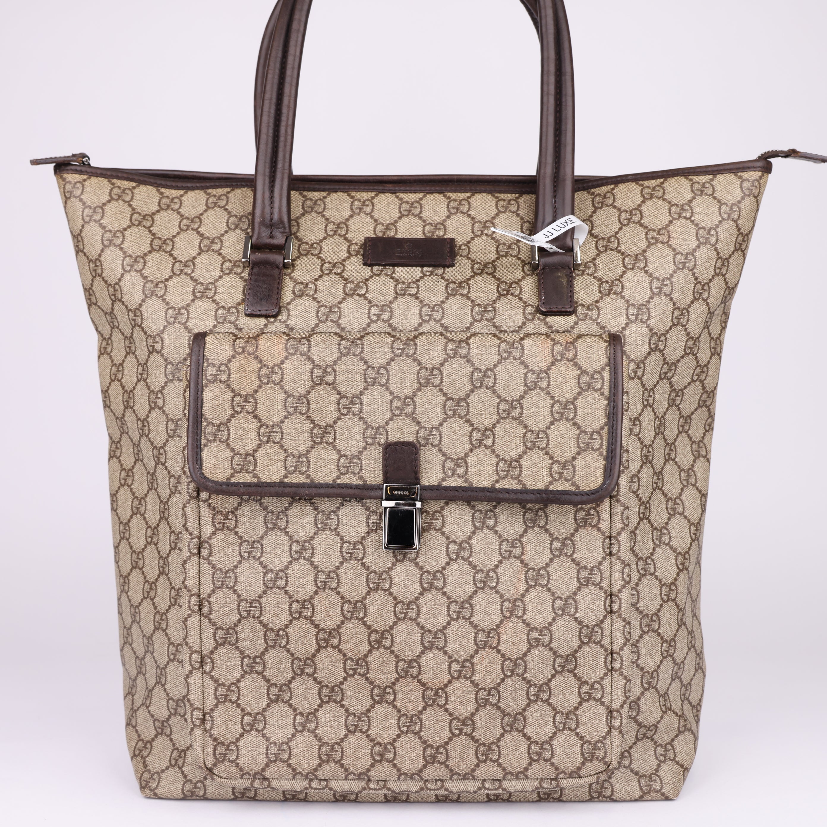 J1669 Gucci Brown GG Supreme Tote Bag Beige Dark brown Leather- Pre Owned