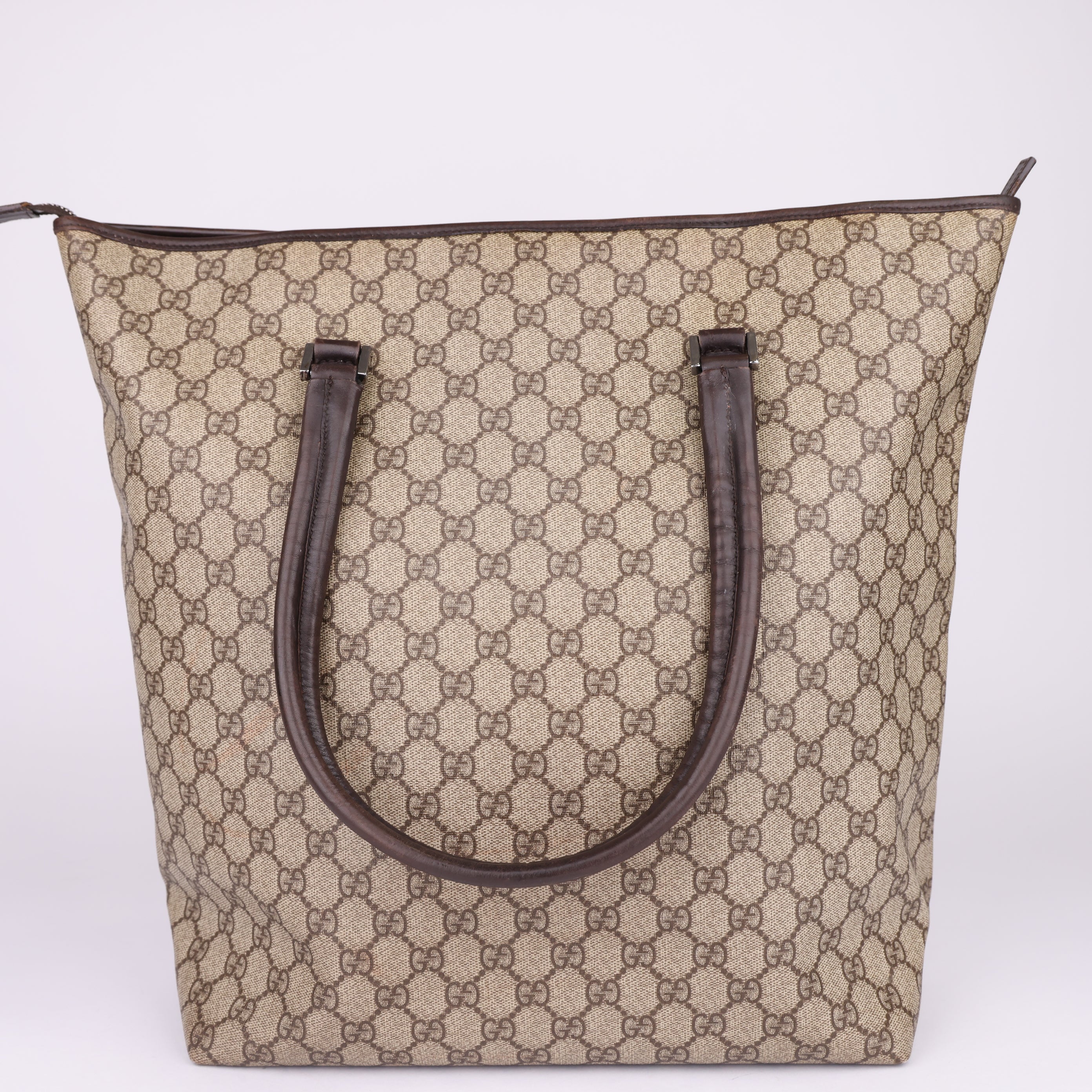 J1669 Gucci Brown GG Supreme Tote Bag Beige Dark brown Leather- Pre Owned