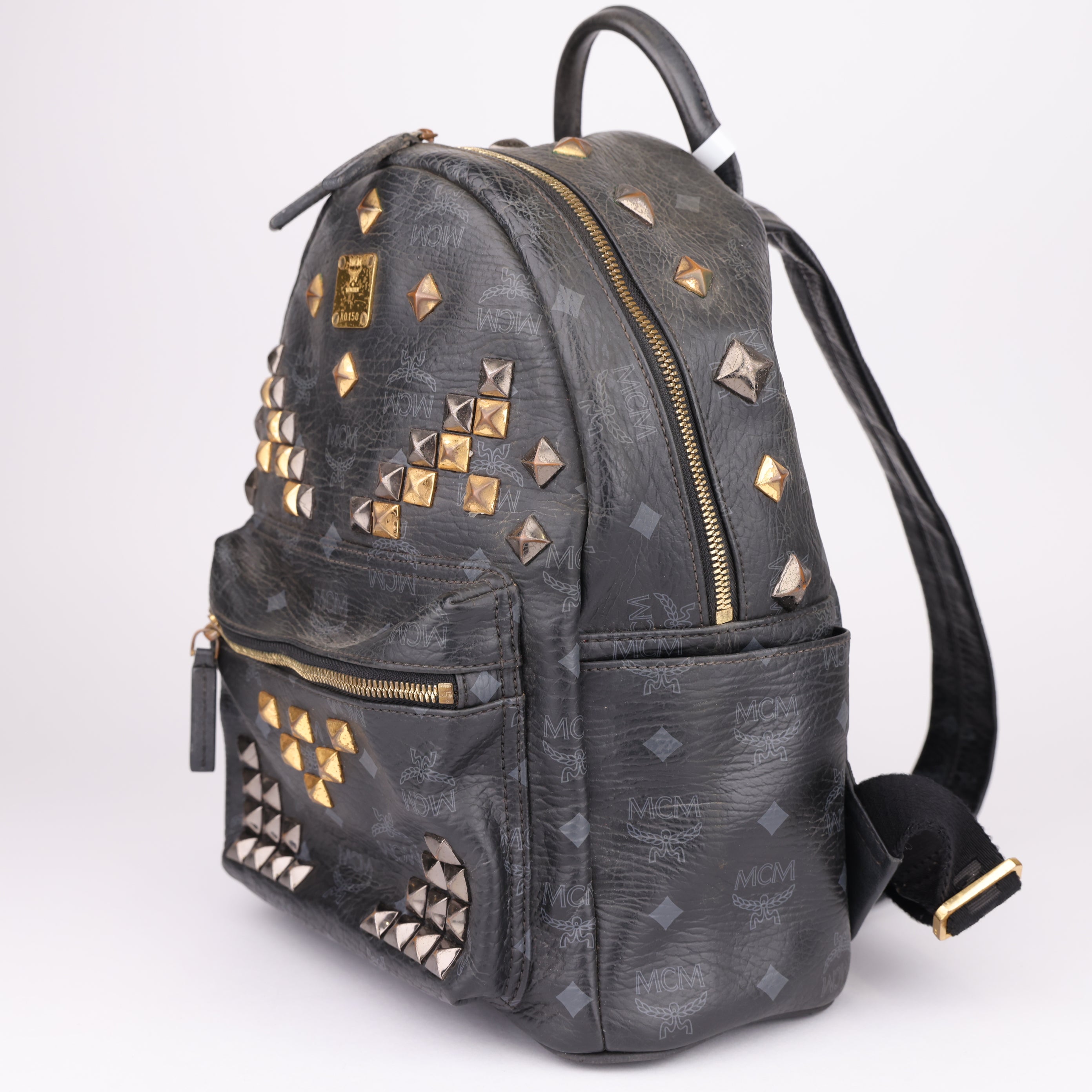 J1645 MCM Stark Side Stud Silver x Gold Hardware Backpack Rucksack- Pre Owned