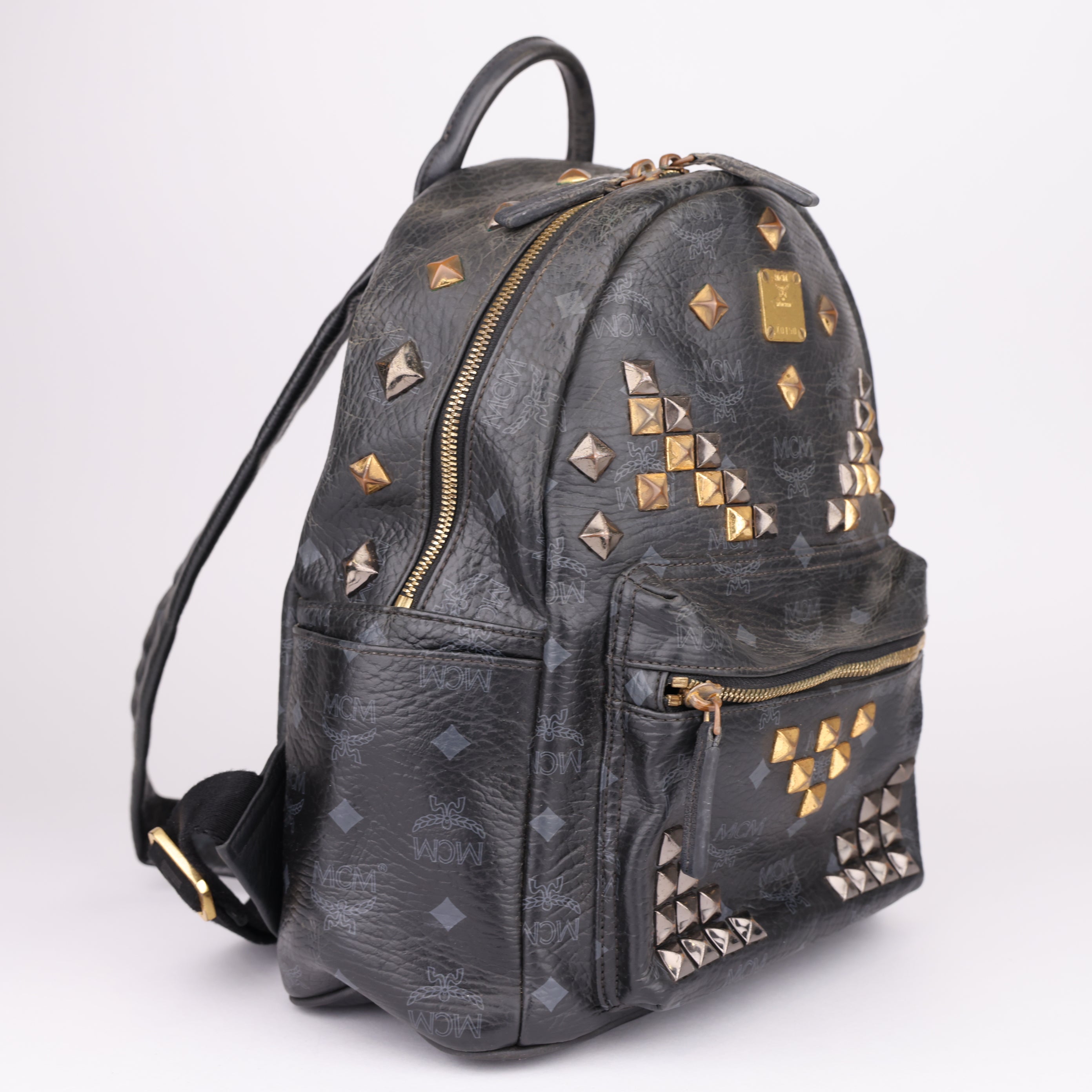 J1645 MCM Stark Side Stud Silver x Gold Hardware Backpack Rucksack- Pre Owned