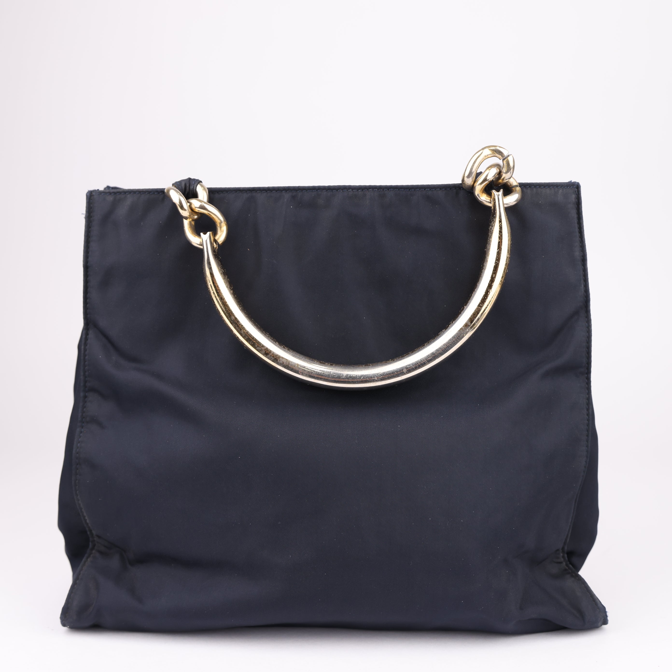 J1647 PRADA Hand Bag Nylon Navy Gold- Pre Owned