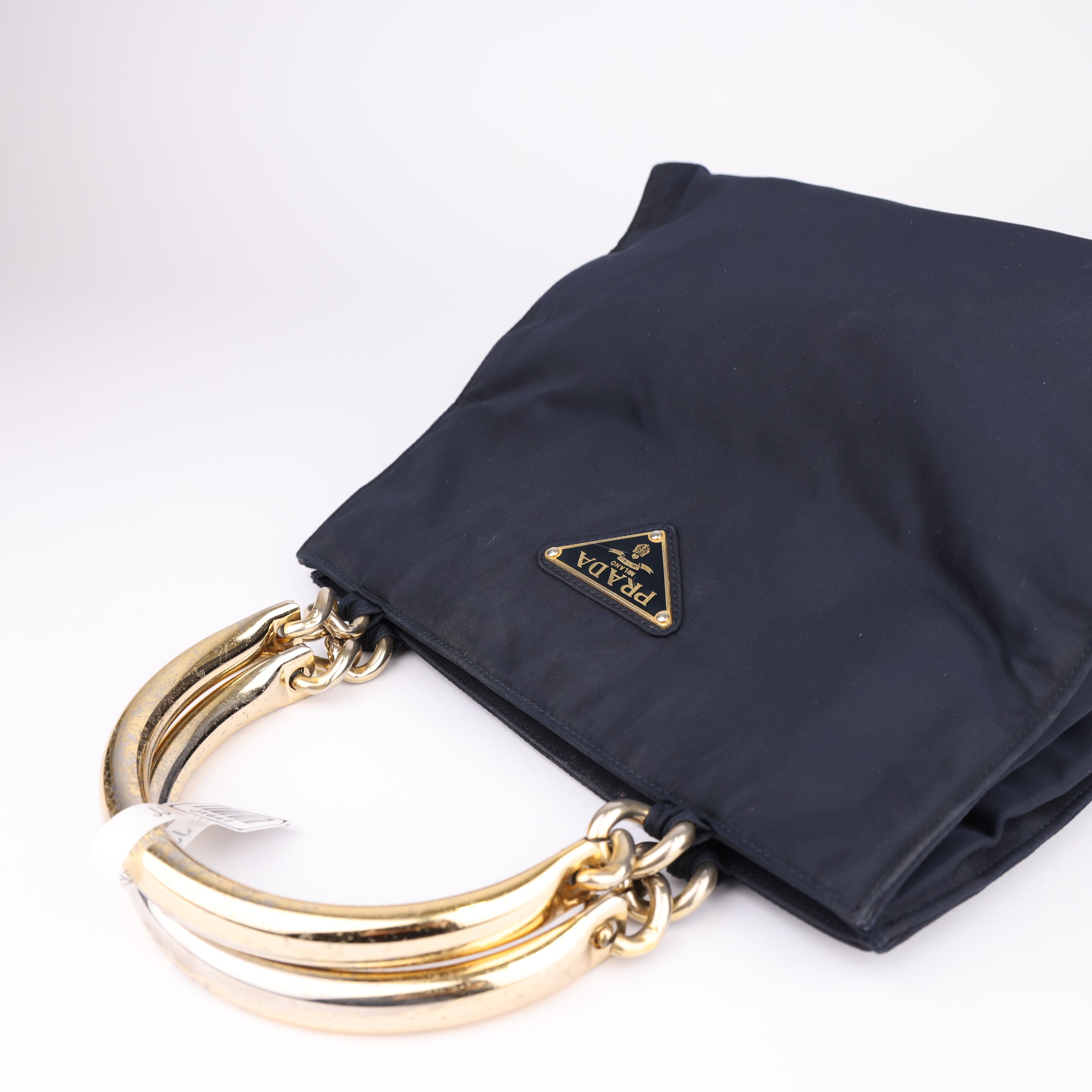J1647 PRADA Hand Bag Nylon Navy Gold- Pre Owned