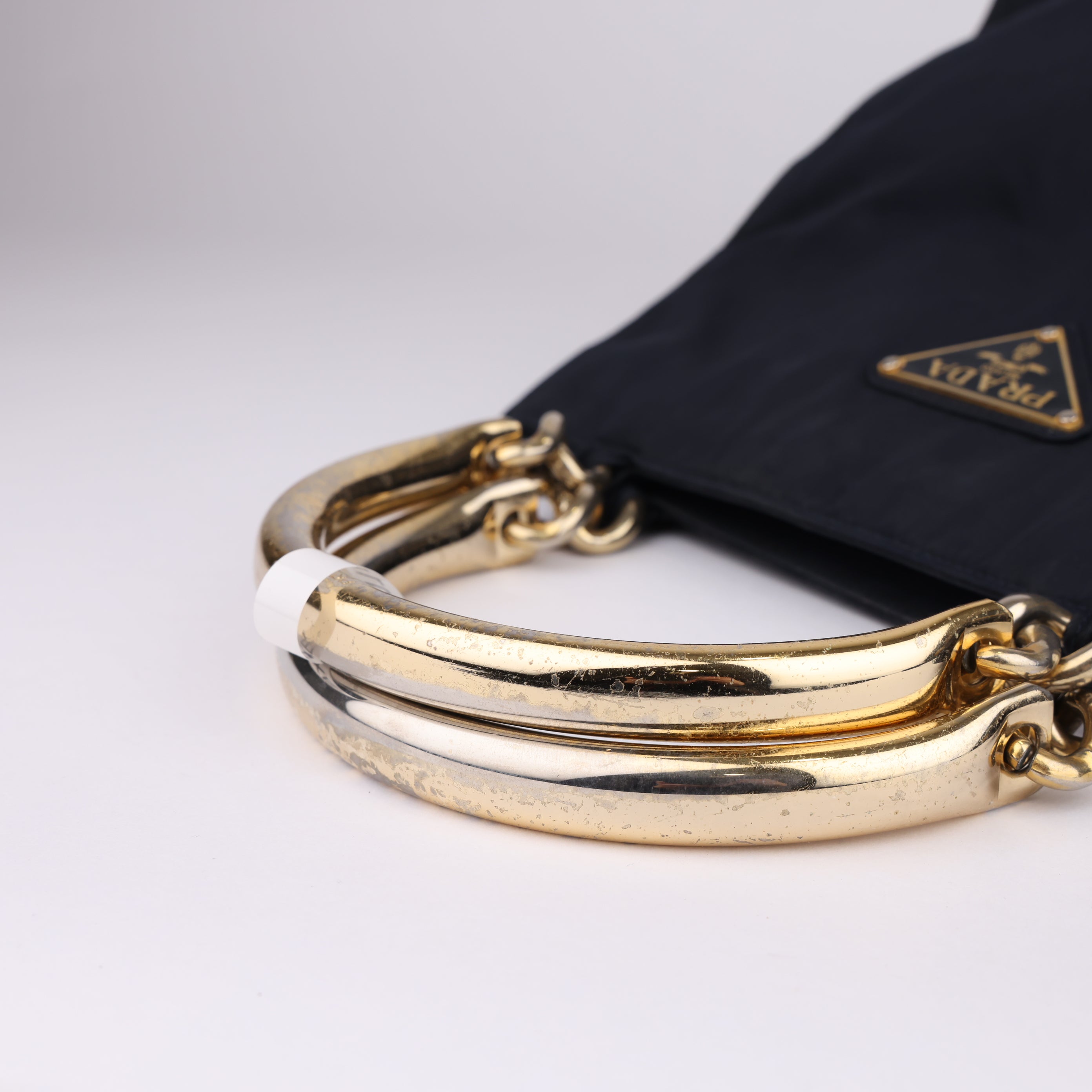 J1647 PRADA Hand Bag Nylon Navy Gold- Pre Owned