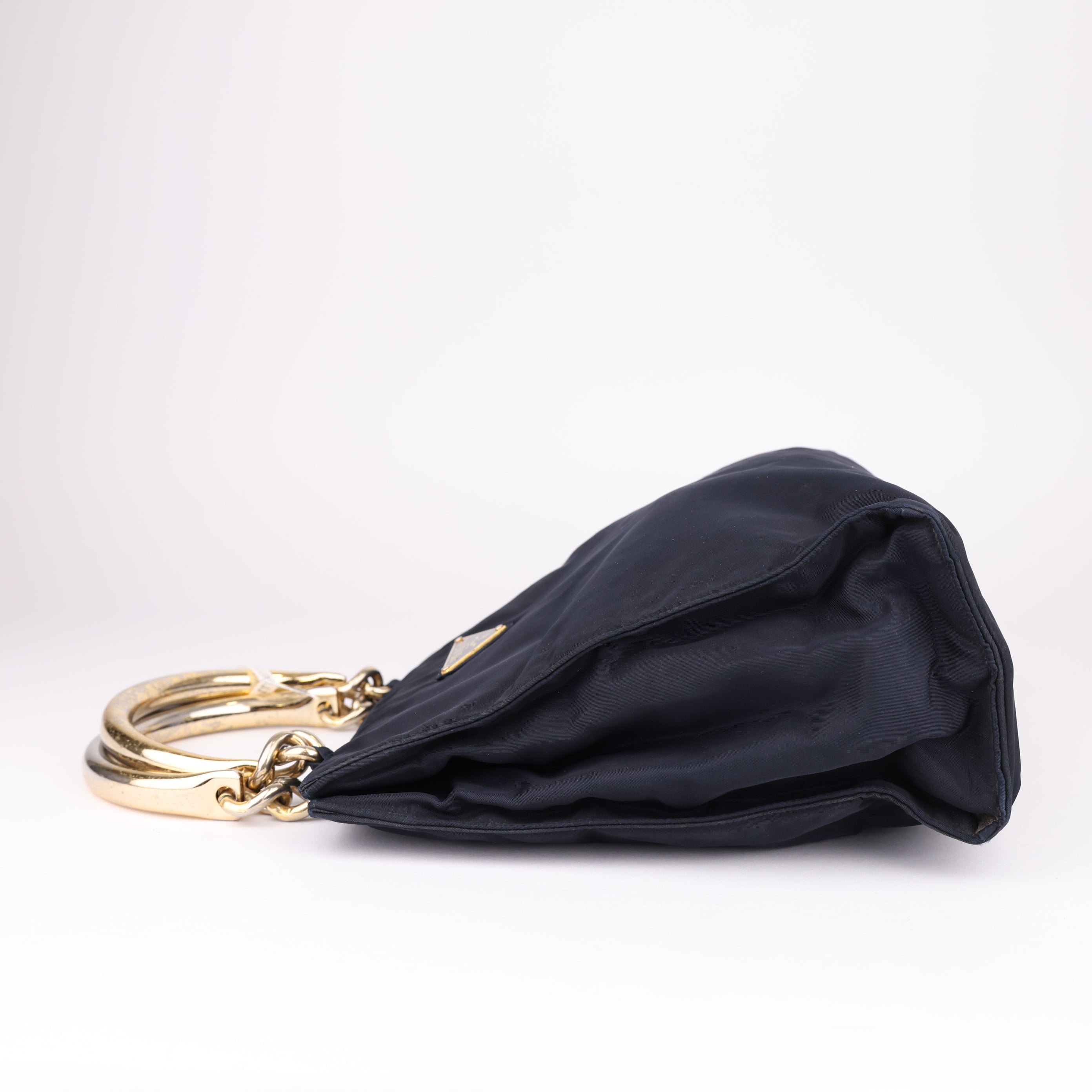 J1647 PRADA Hand Bag Nylon Navy Gold- Pre Owned