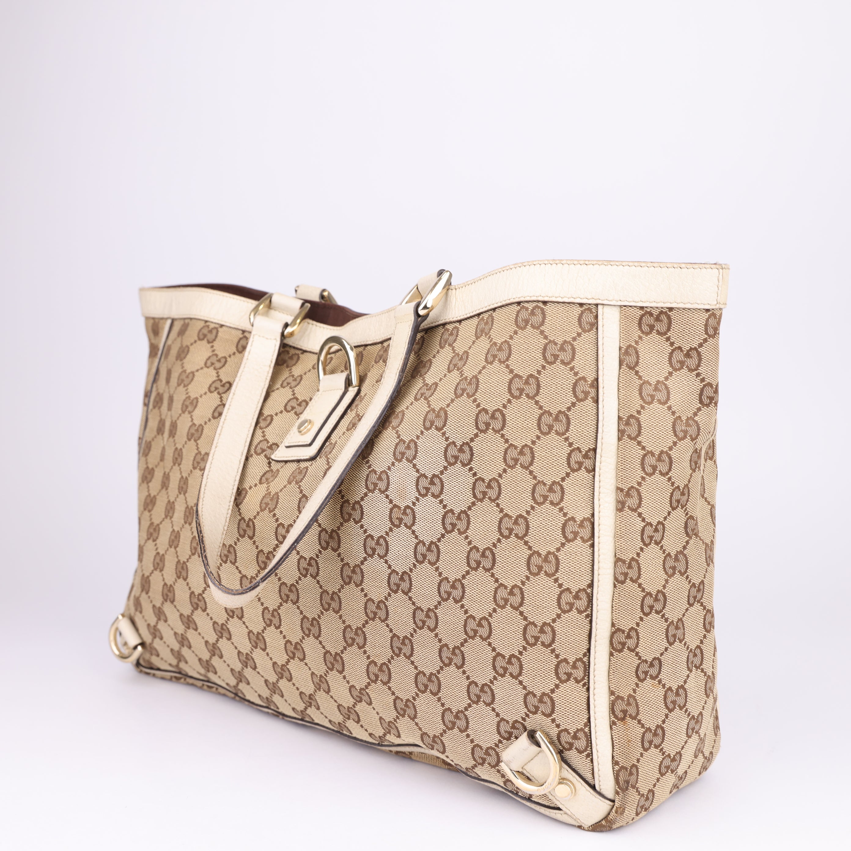 J1652 Gucci Canvas Abbey D-Ring Large Tote White- Pre Owned