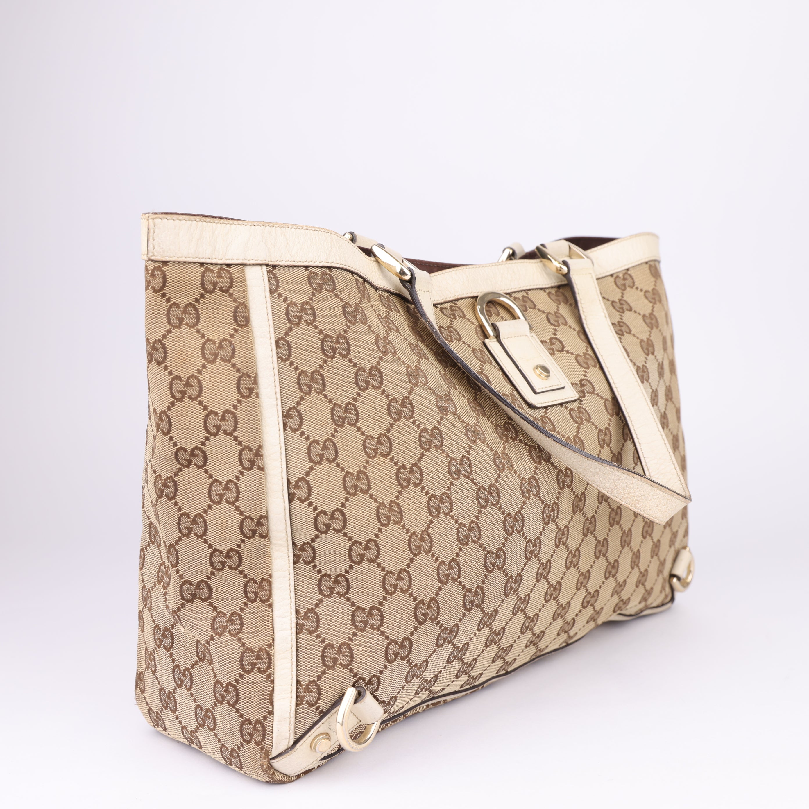 J1652 Gucci Canvas Abbey D-Ring Large Tote White- Pre Owned