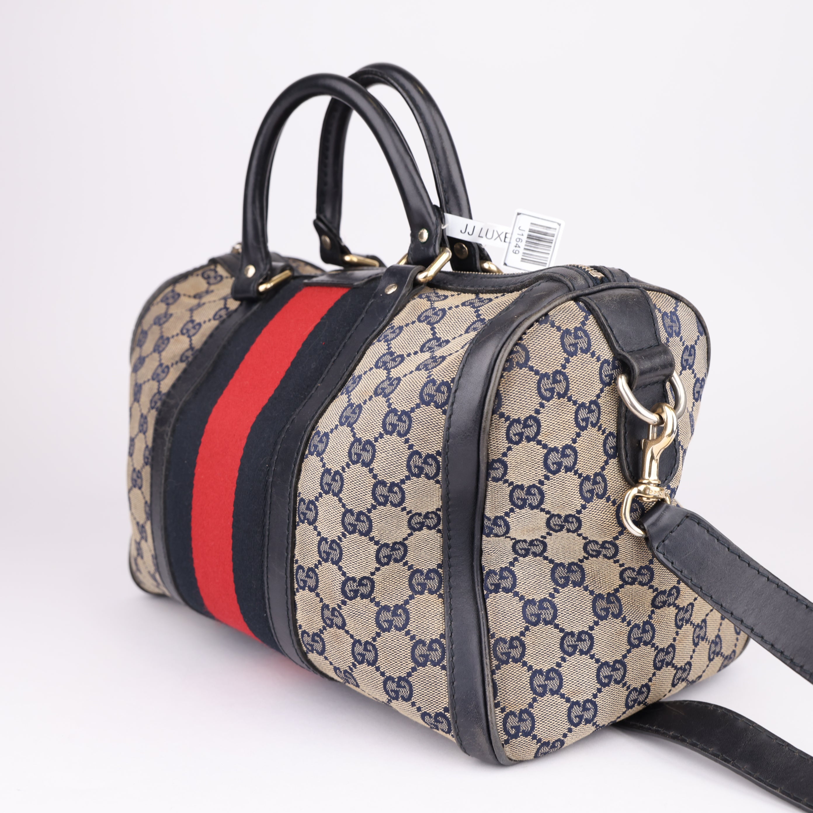 J1649 Gucci GG Supreme Web Detail Boston Bag- Pre Owned