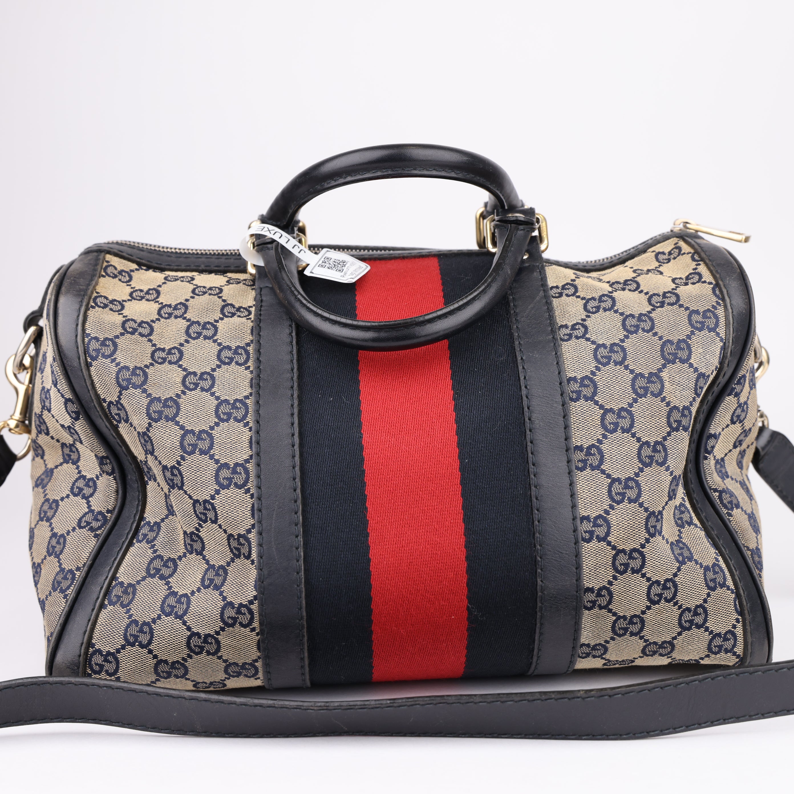 J1649 Gucci GG Supreme Web Detail Boston Bag- Pre Owned