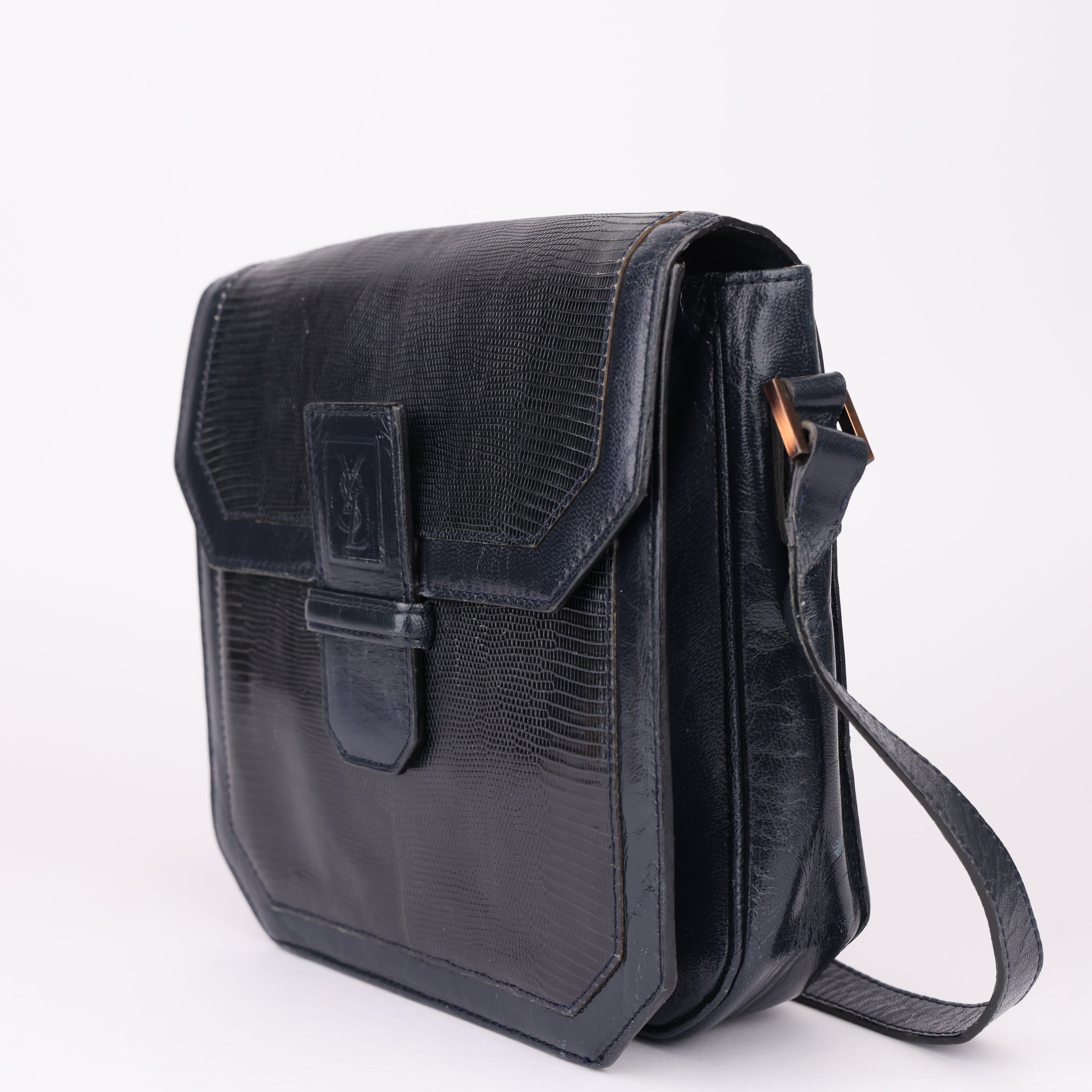 J1627 Saint Laurent Black Lizard Embossed Leather Bag- Pre Owned