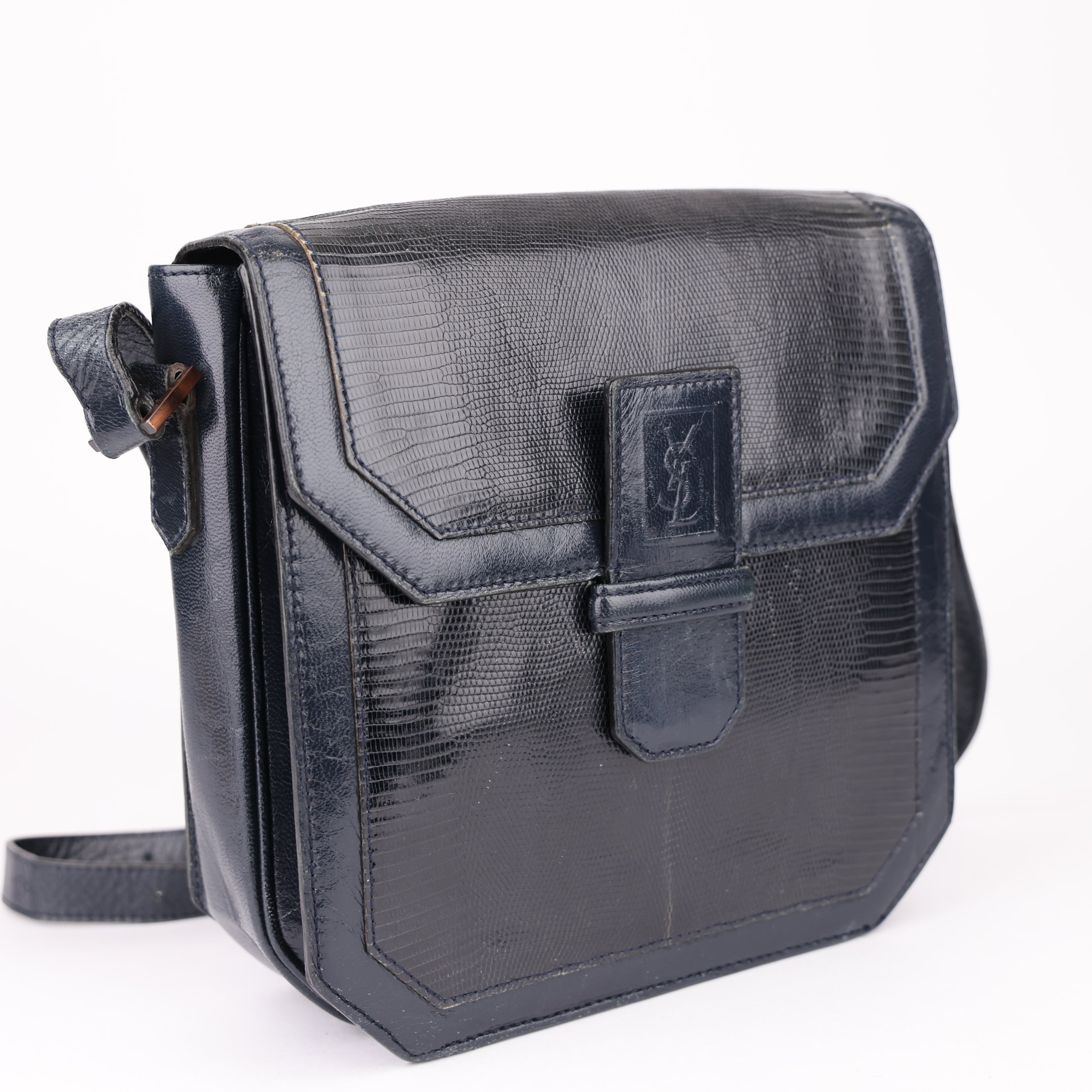 J1627 Saint Laurent Black Lizard Embossed Leather Bag- Pre Owned