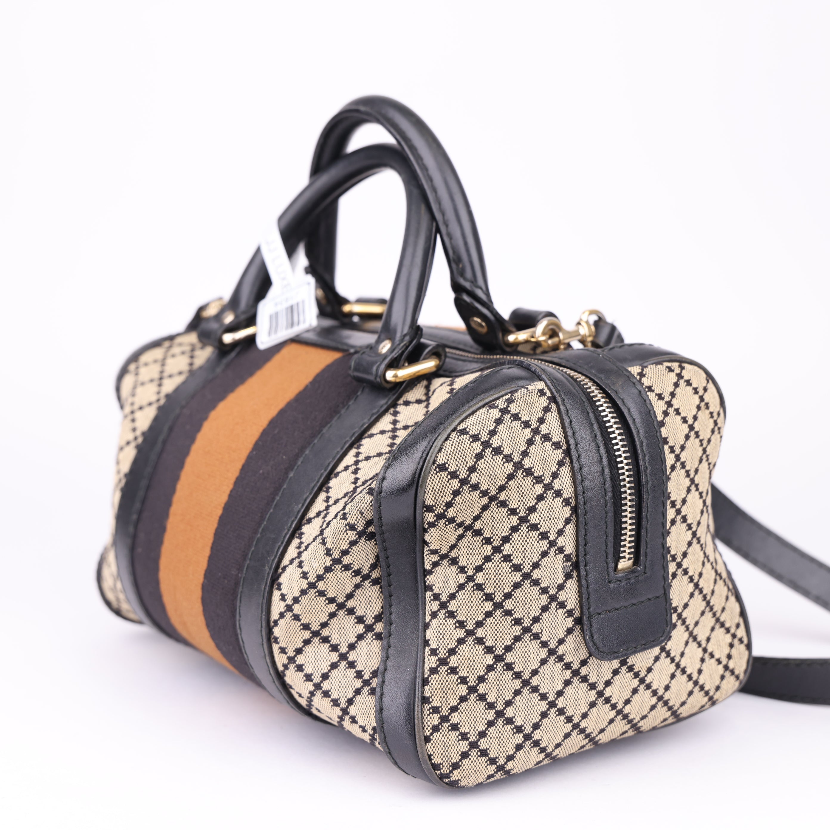 J1634 GUCCI Diamante Sherry Line Hand Bag Canvas 2way Beige Gold- Pre Owned