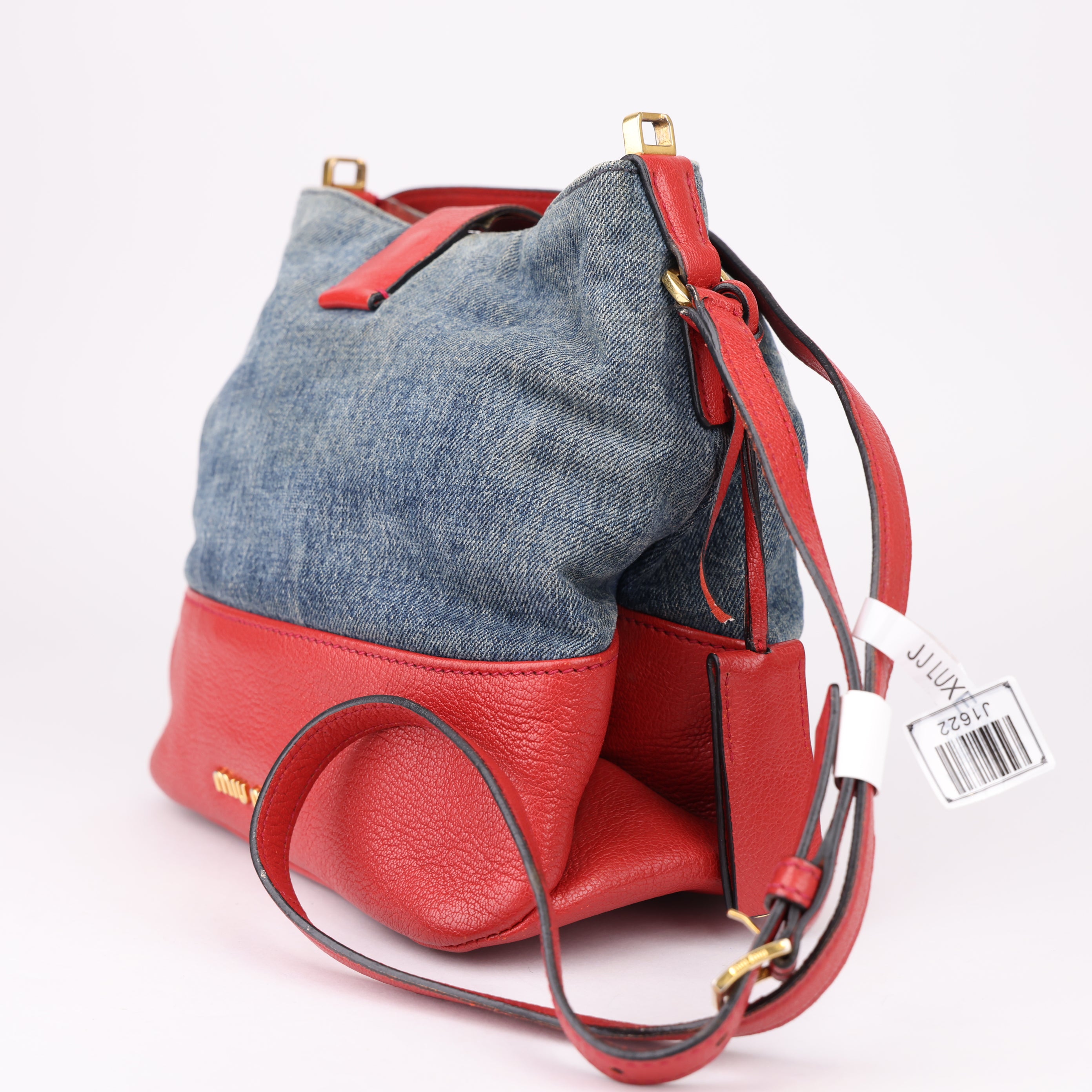 J1622 MIU MIU Madras Leather Denim 2Way Shoulder Bag- Pre Owned