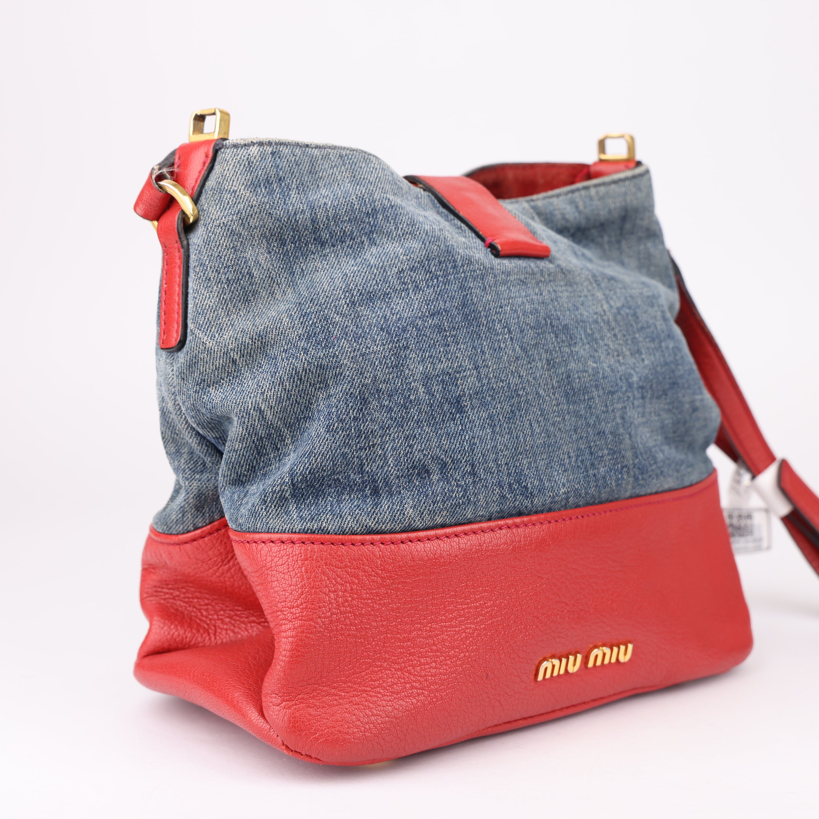 J1622 MIU MIU Madras Leather Denim 2Way Shoulder Bag- Pre Owned