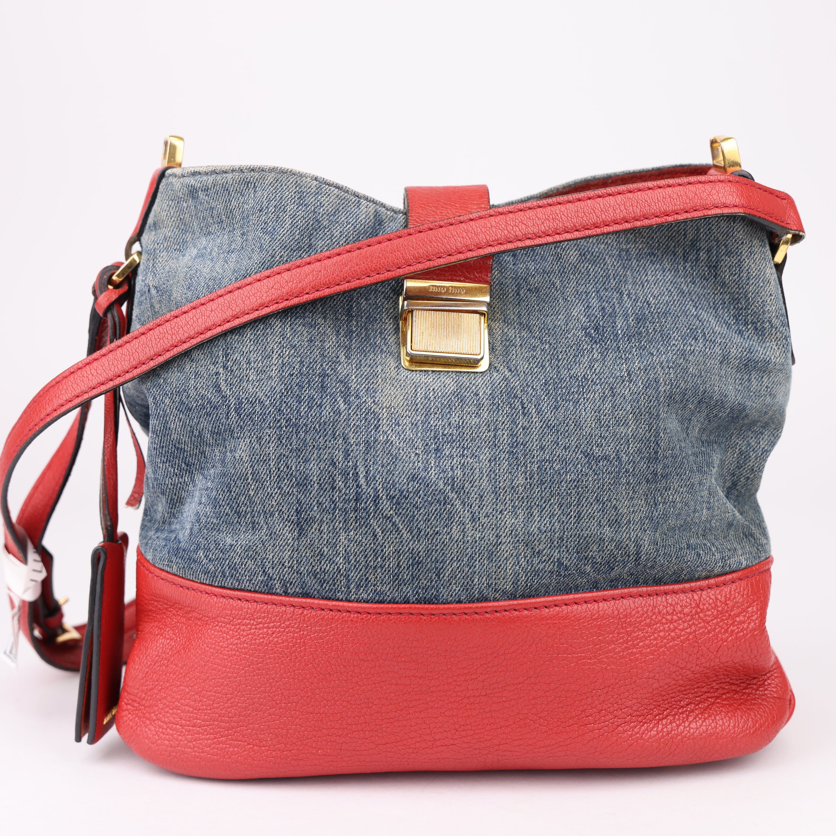 J1622 MIU MIU Madras Leather Denim 2Way Shoulder Bag- Pre Owned