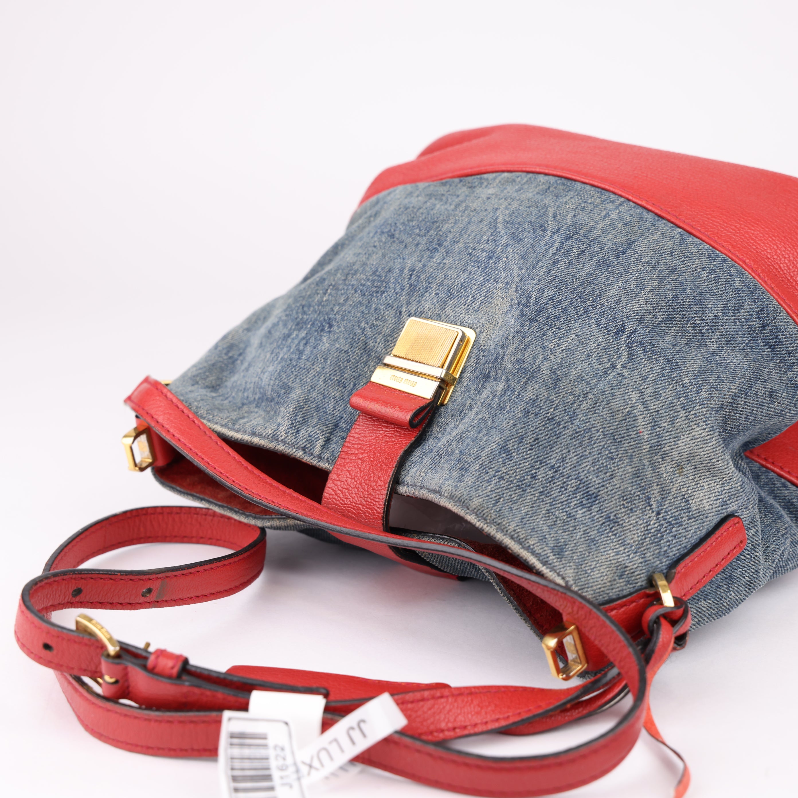 J1622 MIU MIU Madras Leather Denim 2Way Shoulder Bag- Pre Owned