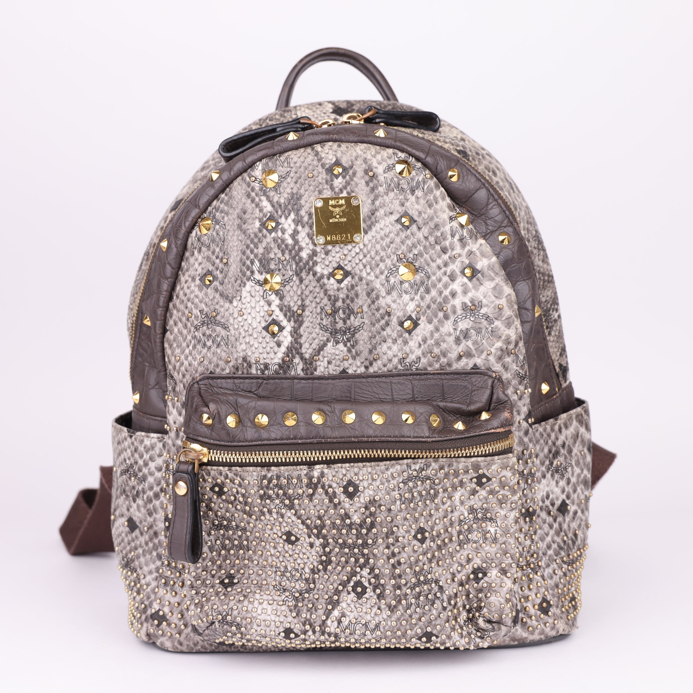 J1612 MCM Visetos Snakeskin Printed Studded Small Stark Backpack- Pre Owned