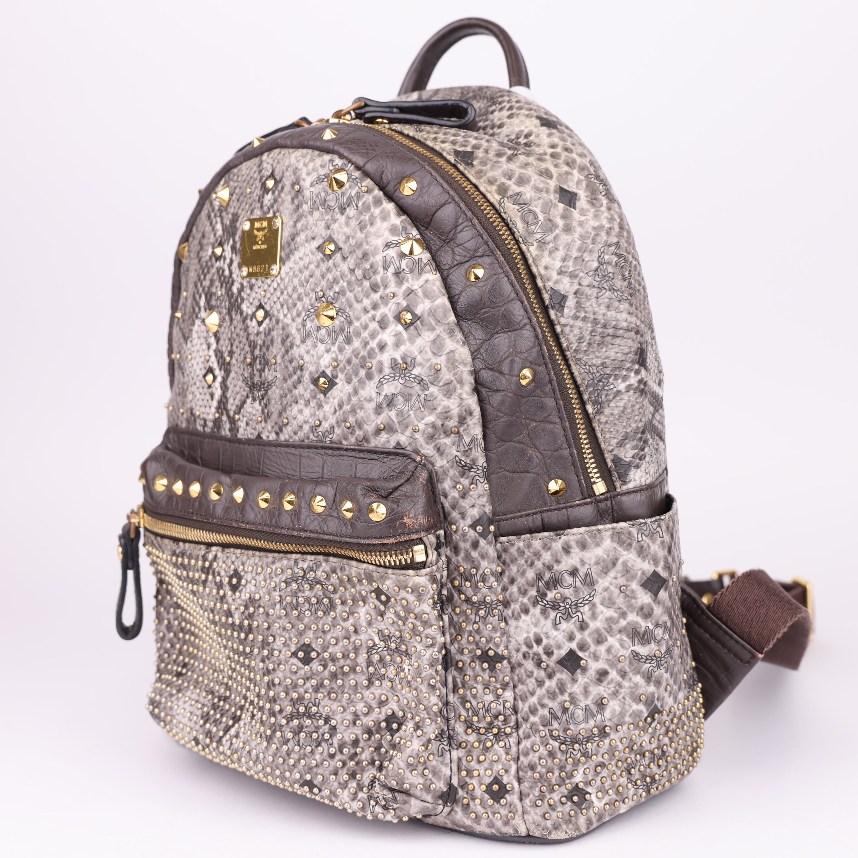 J1612 MCM Visetos Snakeskin Printed Studded Small Stark Backpack- Pre Owned