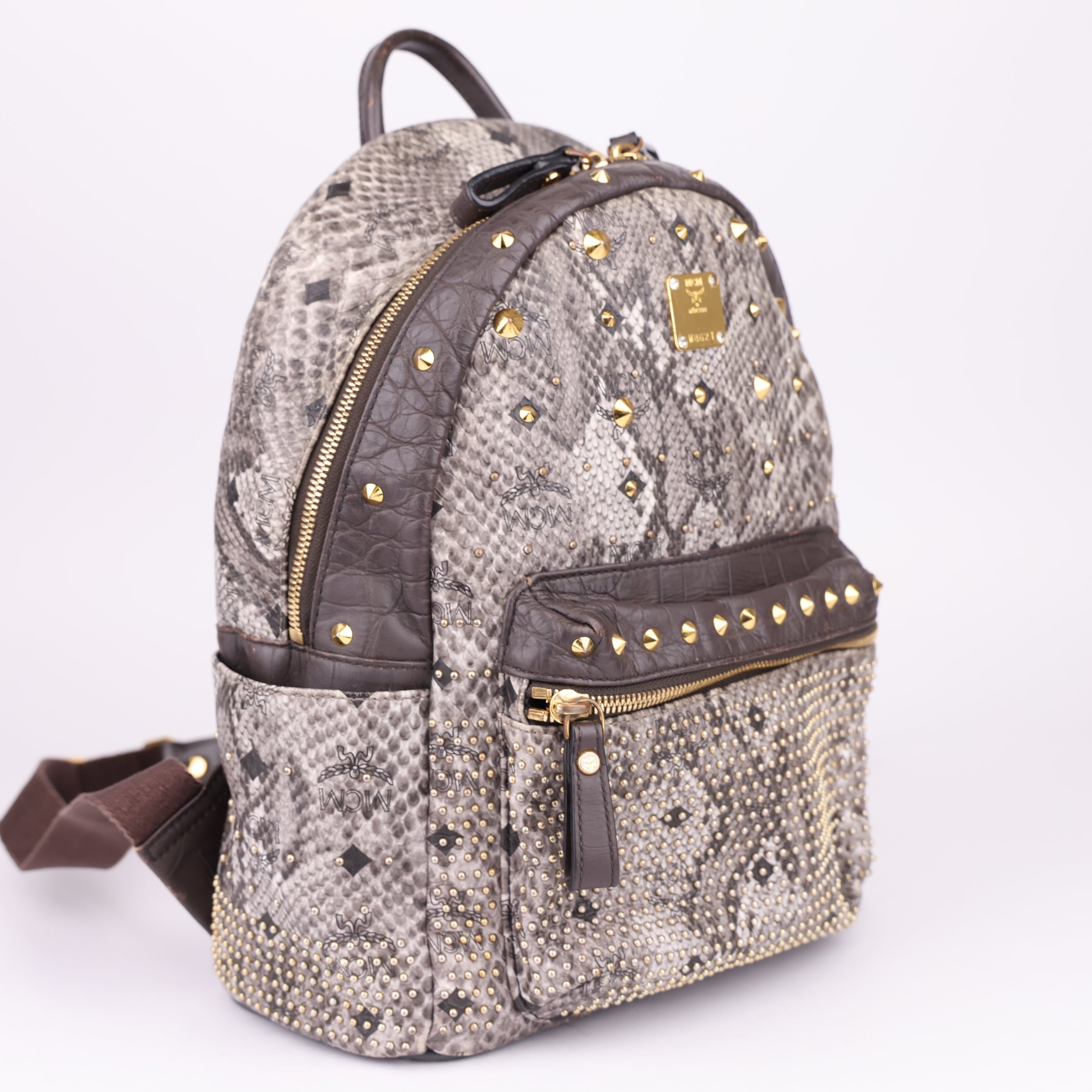 OJ1612 MCM Visetos Snakeskin Printed Studded Small Stark Backpack- Pre Owned