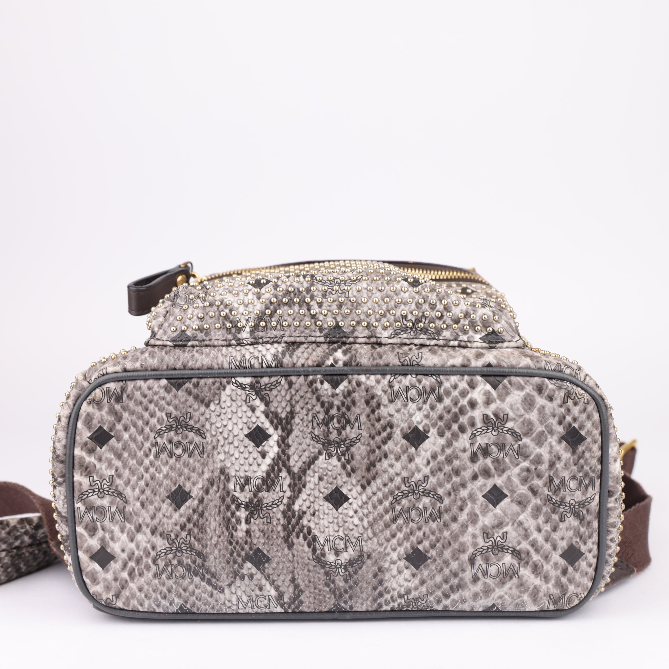 OJ1612 MCM Visetos Snakeskin Printed Studded Small Stark Backpack- Pre Owned