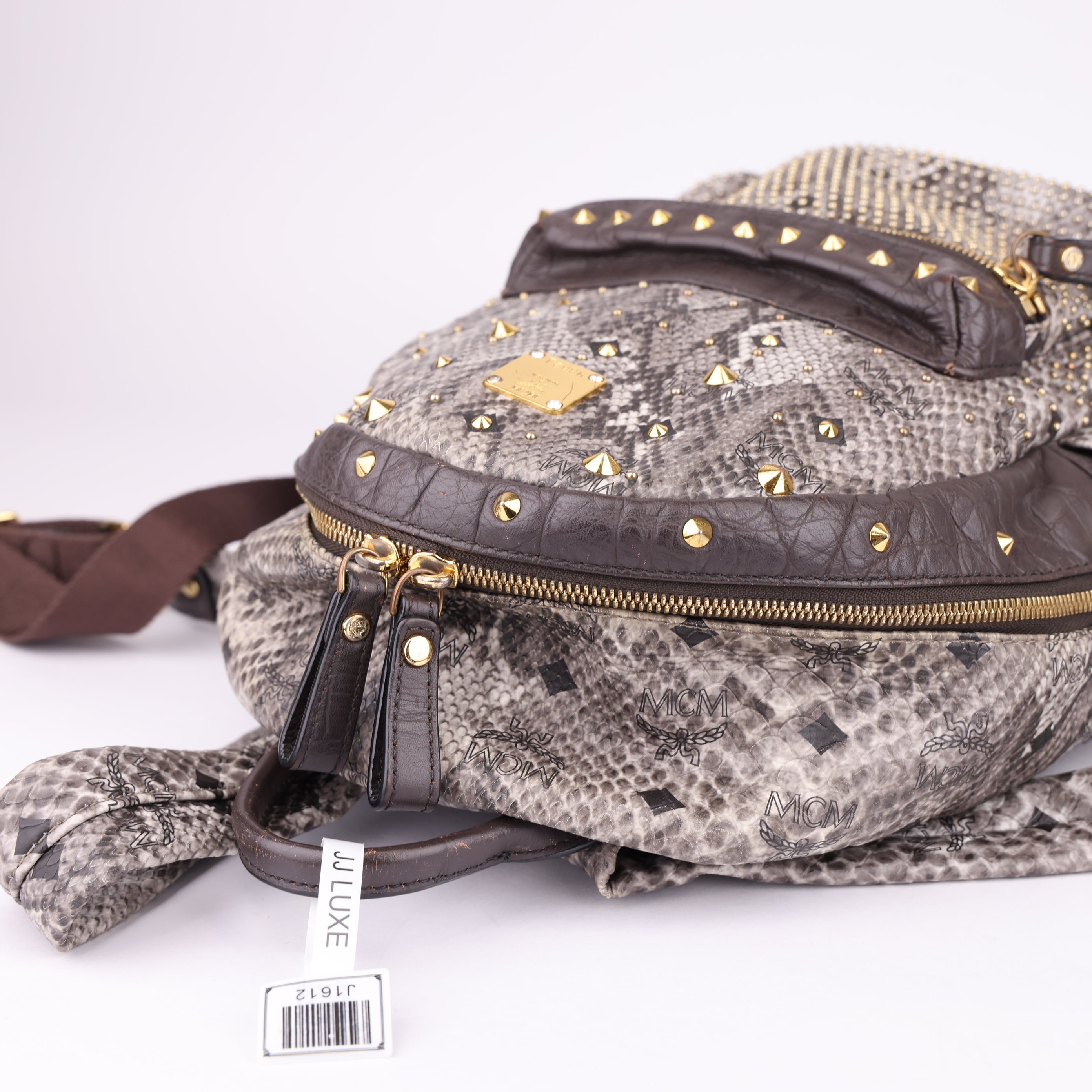 OJ1612 MCM Visetos Snakeskin Printed Studded Small Stark Backpack- Pre Owned