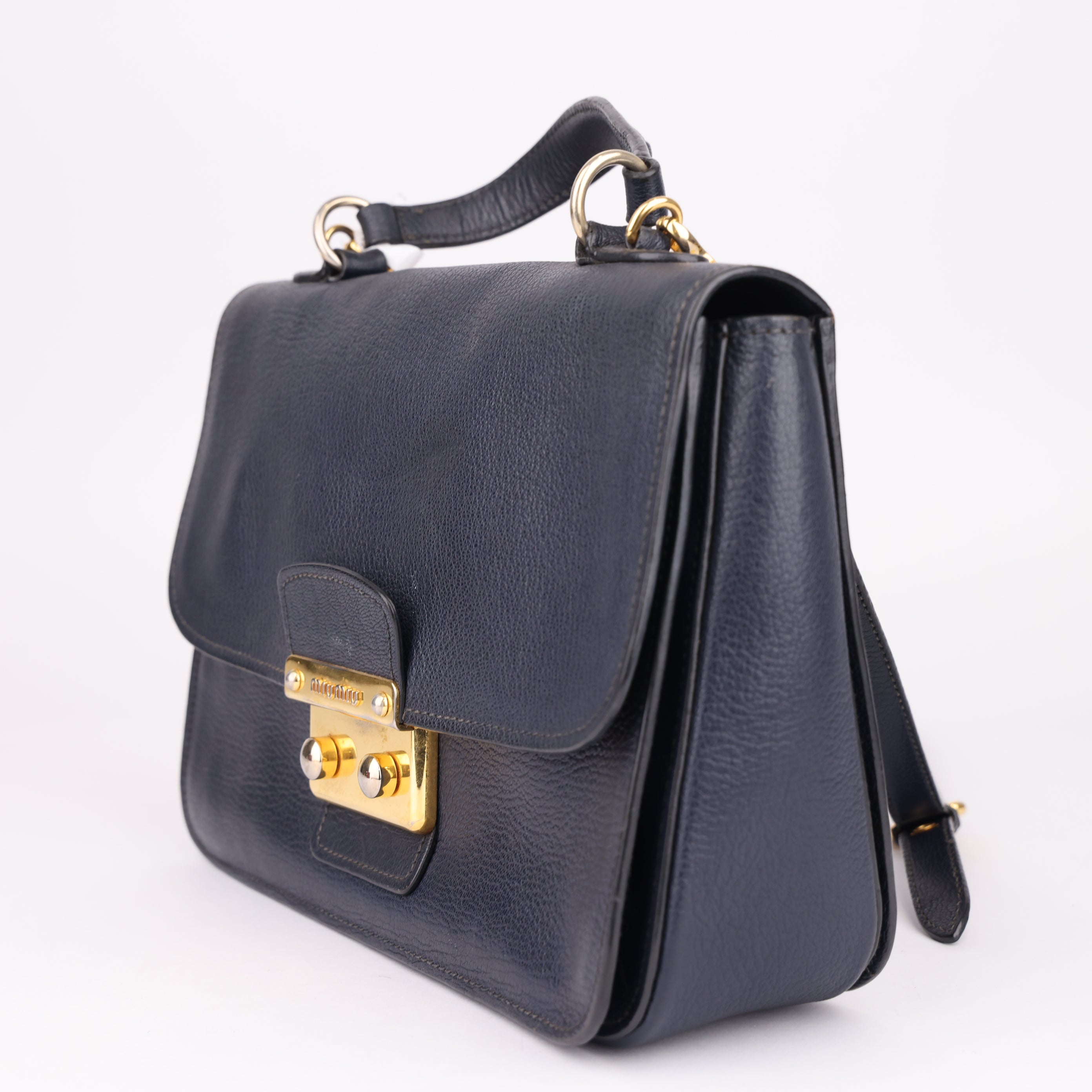 J1609 Miu Miu Dark Blue Madras Leather Push Lock Flap Top Handle Bag- Pre Owned