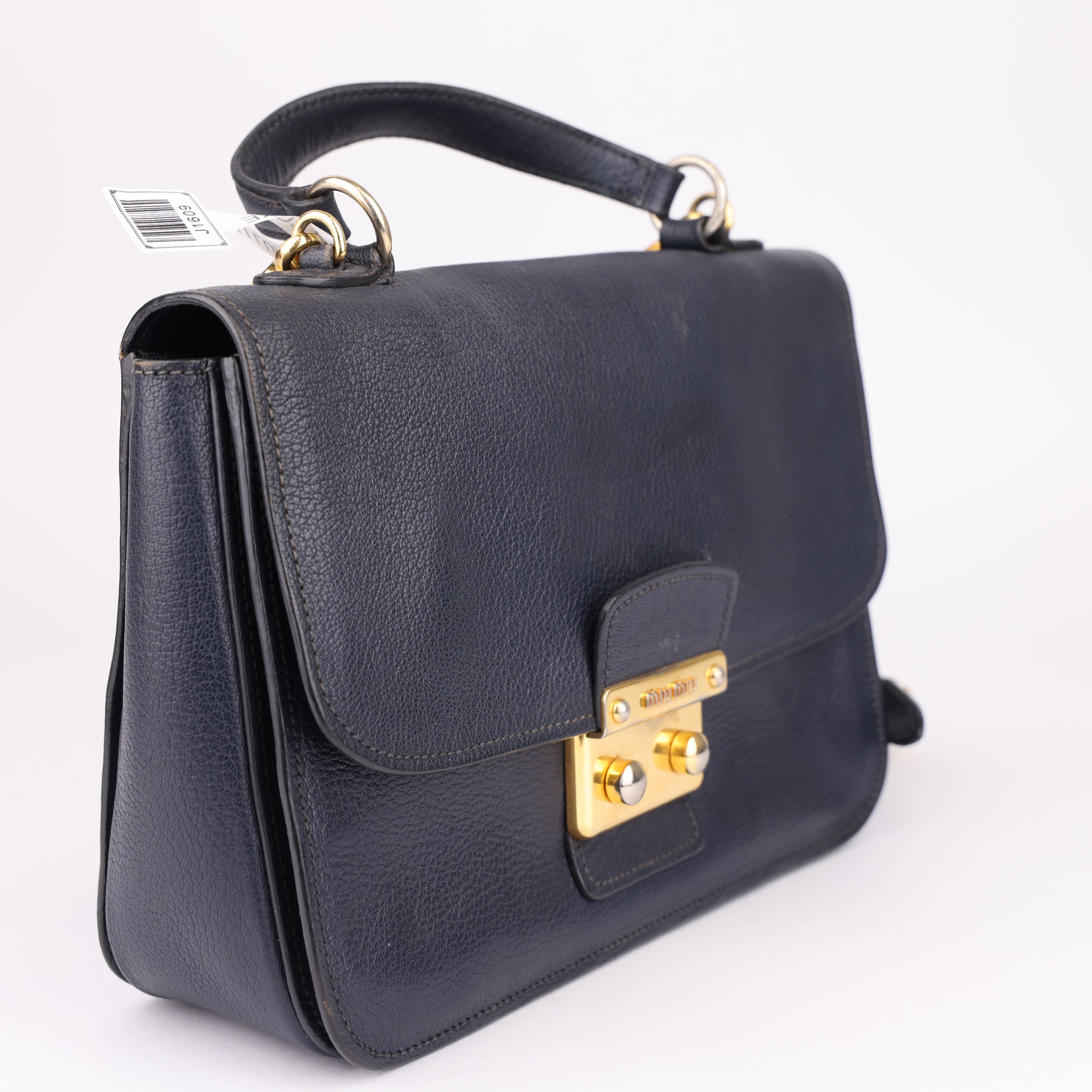 J1609 Miu Miu Dark Blue Madras Leather Push Lock Flap Top Handle Bag- Pre Owned