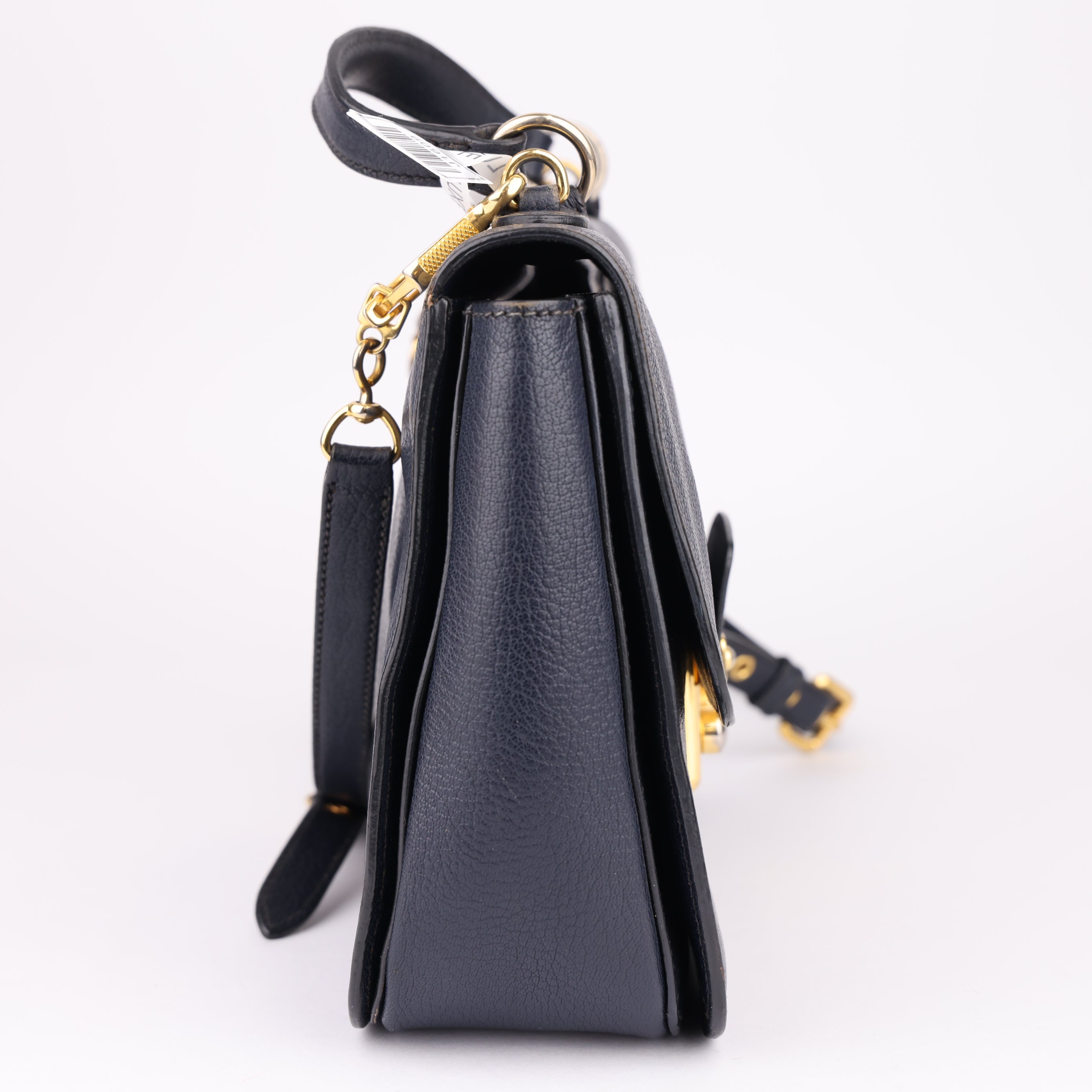 J1609 Miu Miu Dark Blue Madras Leather Push Lock Flap Top Handle Bag- Pre Owned