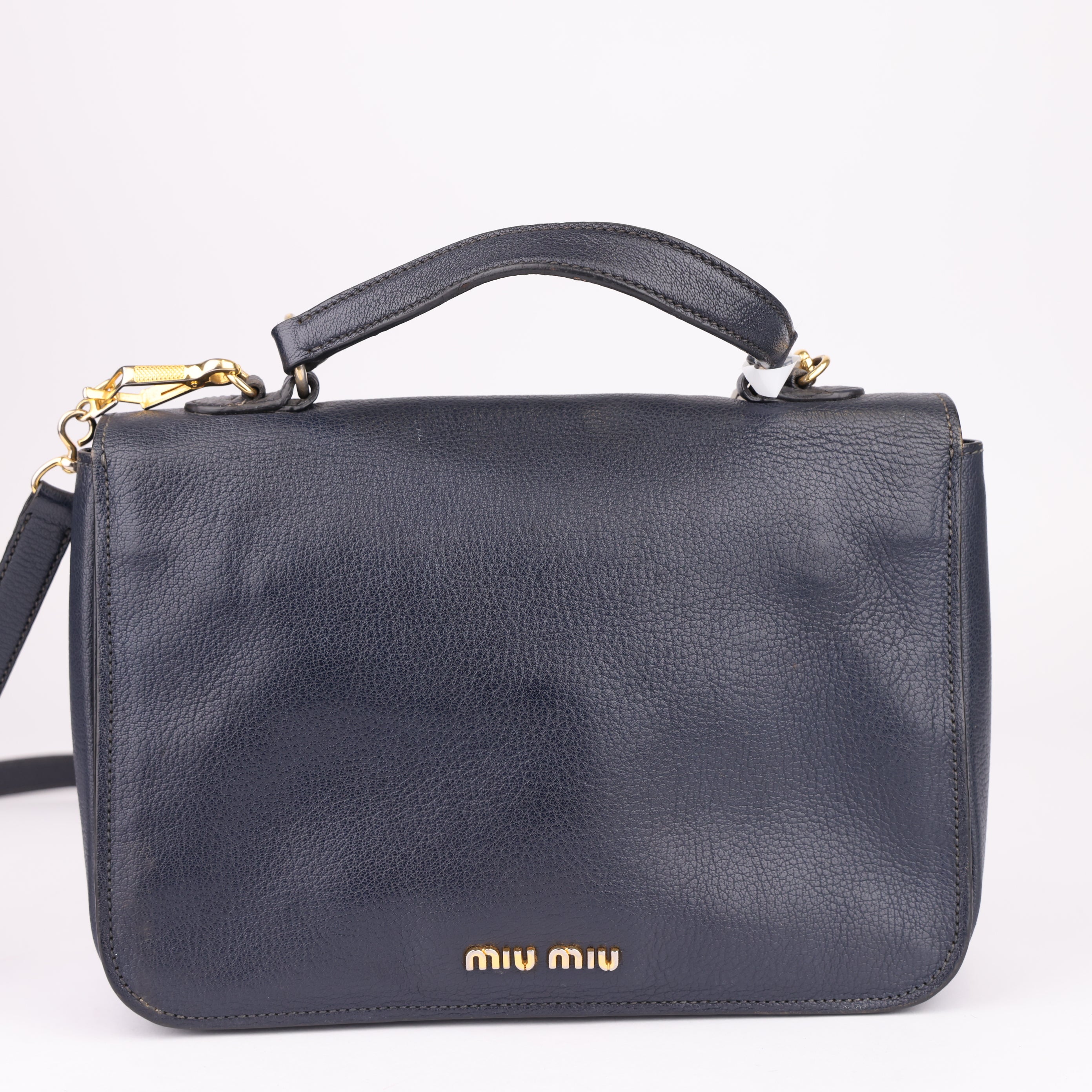 J1609 Miu Miu Dark Blue Madras Leather Push Lock Flap Top Handle Bag- Pre Owned