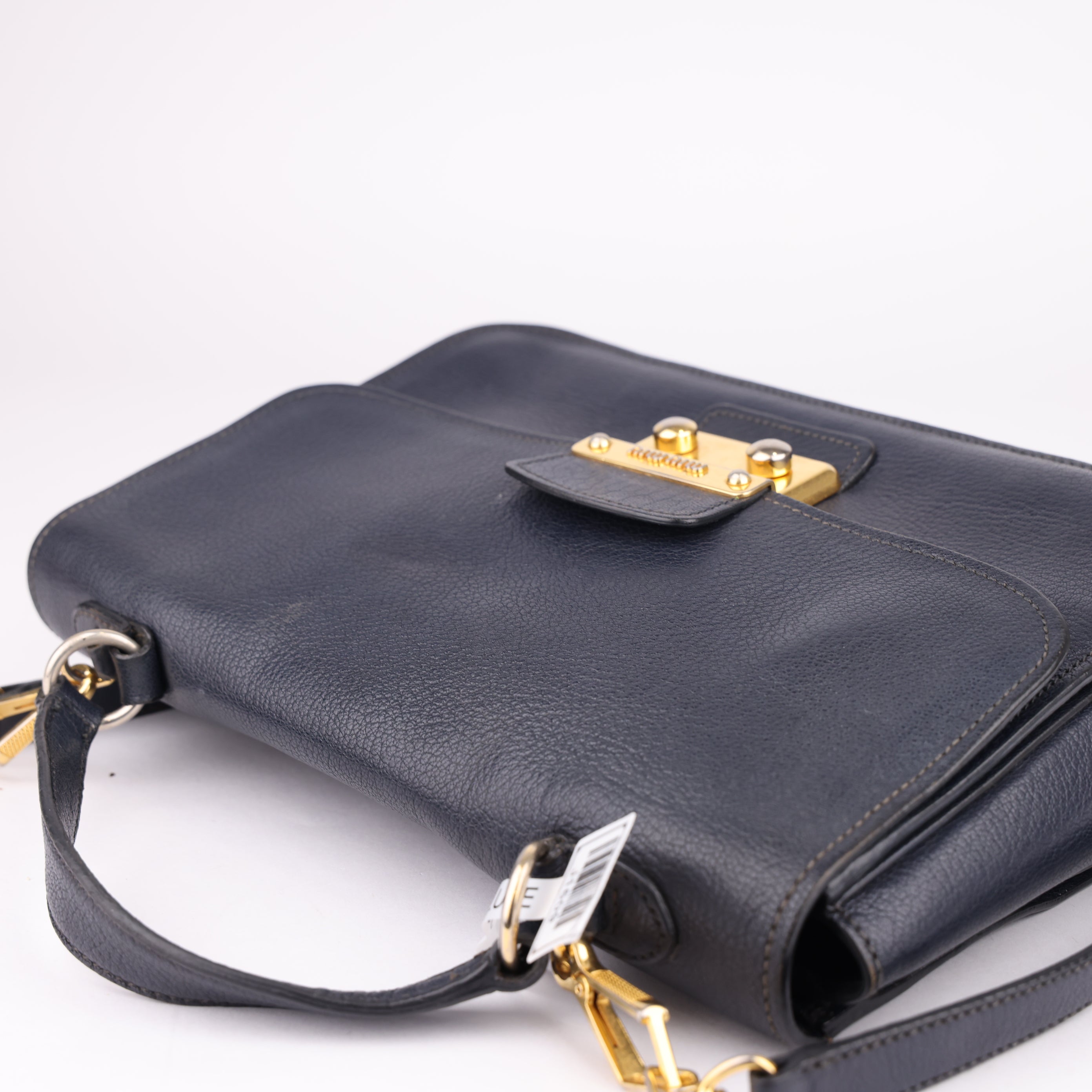 J1609 Miu Miu Dark Blue Madras Leather Push Lock Flap Top Handle Bag- Pre Owned