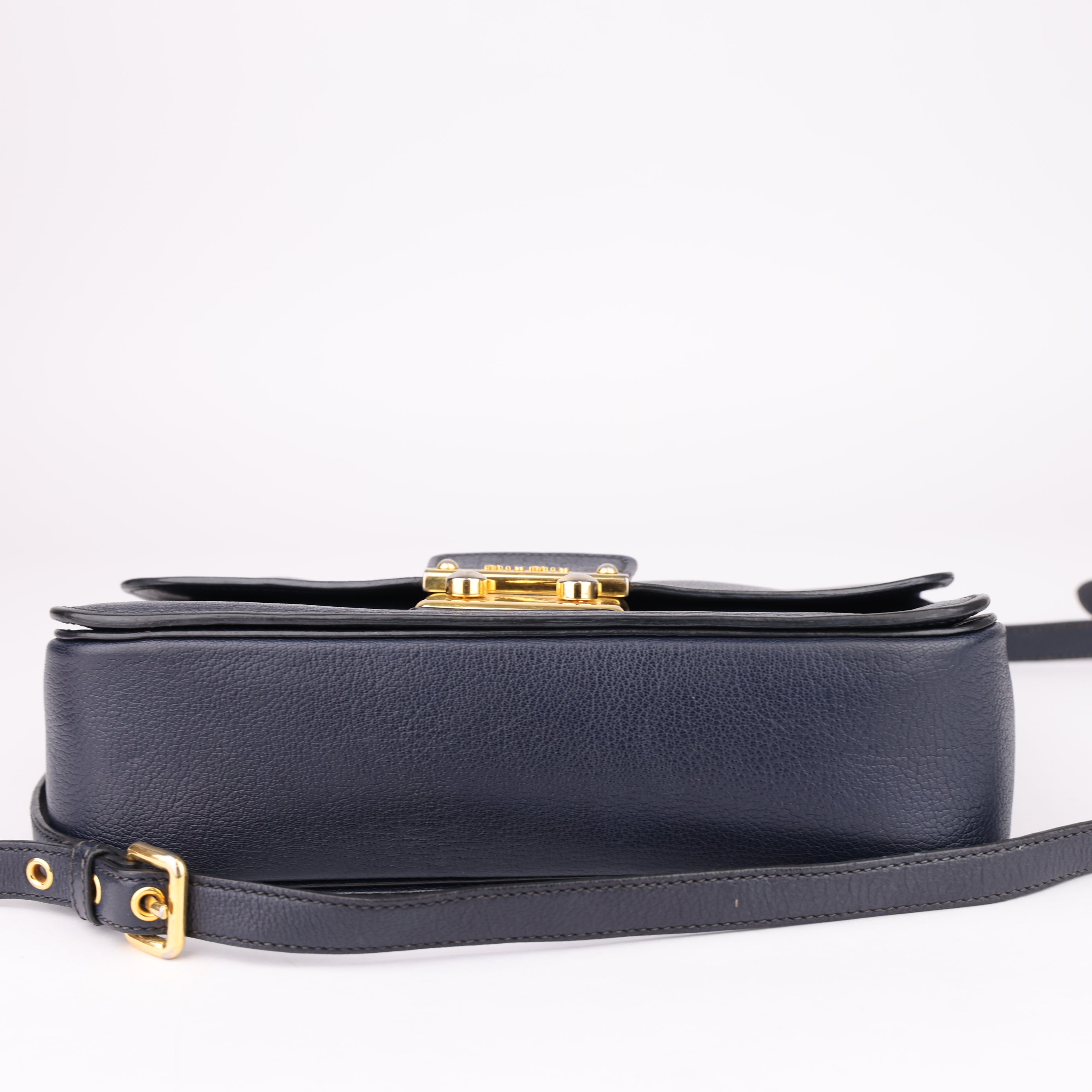J1609 Miu Miu Dark Blue Madras Leather Push Lock Flap Top Handle Bag- Pre Owned