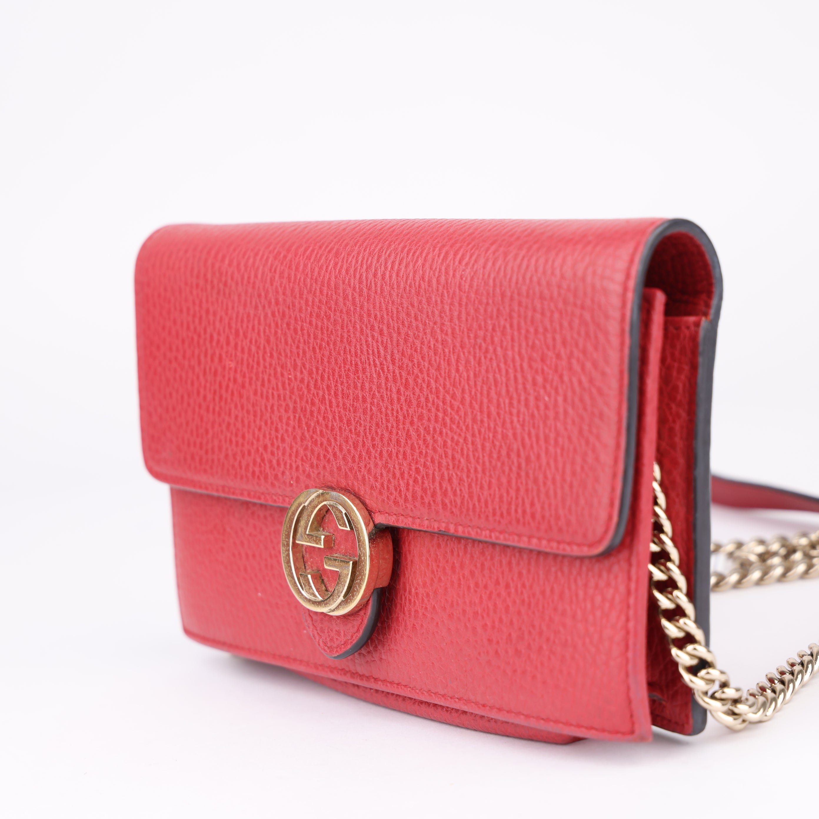 J1572 Gucci Interlocking GG Crossbody Chain Wallet Red in Leather- Pre Owned