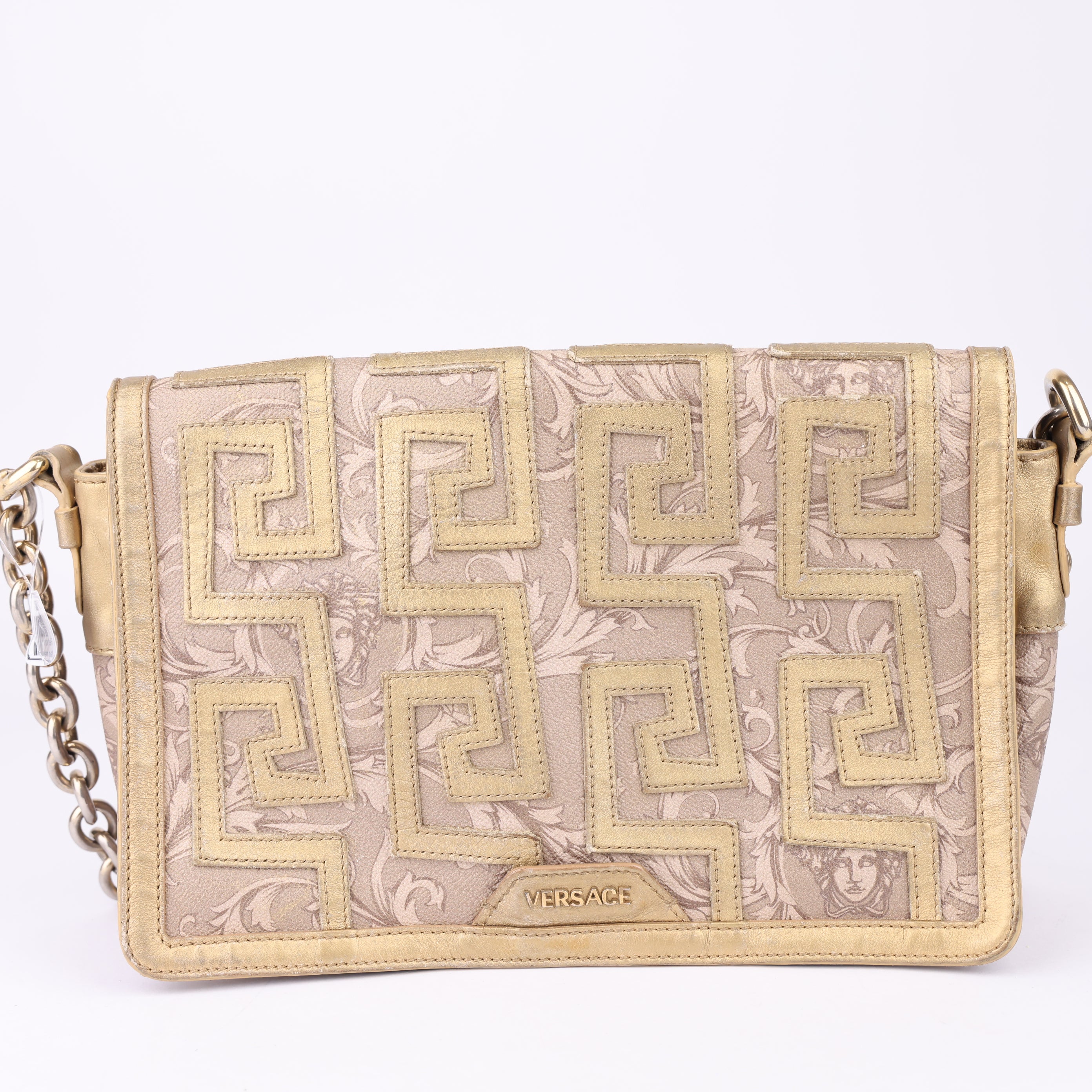 J1579 Versace Beige Baroque Gold Detail Flap Bag- Pre Owned
