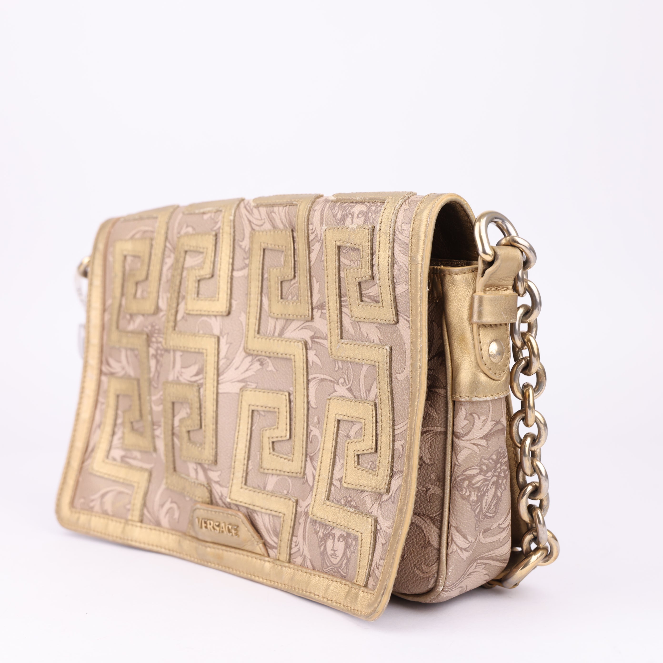 J1579 Versace Beige Baroque Gold Detail Flap Bag- Pre Owned